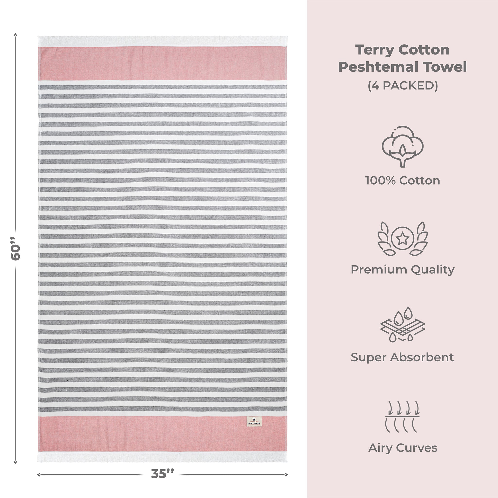4 Packed 100% Cotton Terry Peshtemal & Beach Towel Rose-03