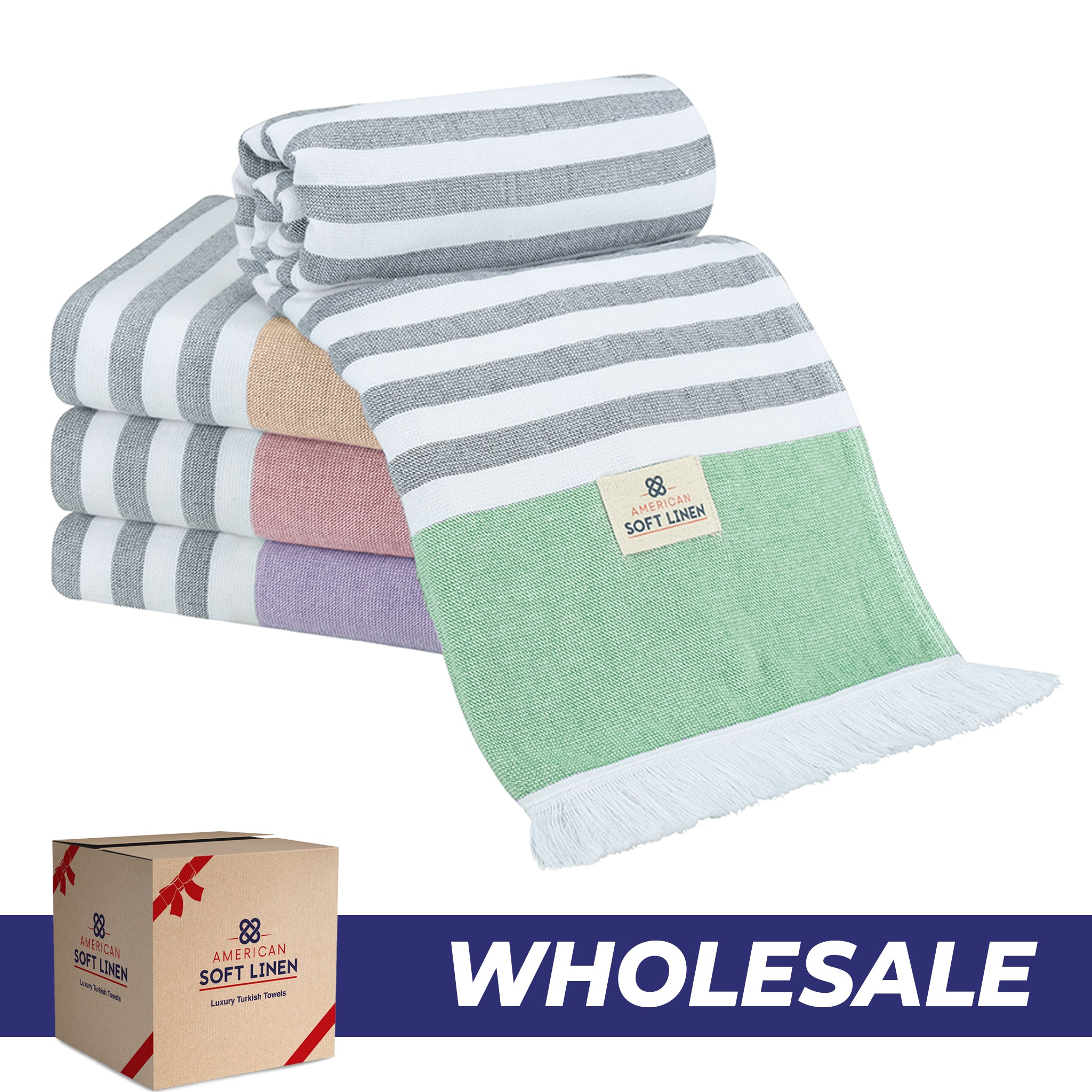 4 Packed Terry Peshtemal and Beach Towel, Mediterranean Collection, 35" x 60",  Modern & Traditional Turkish Towels - 11 Set Case Pack