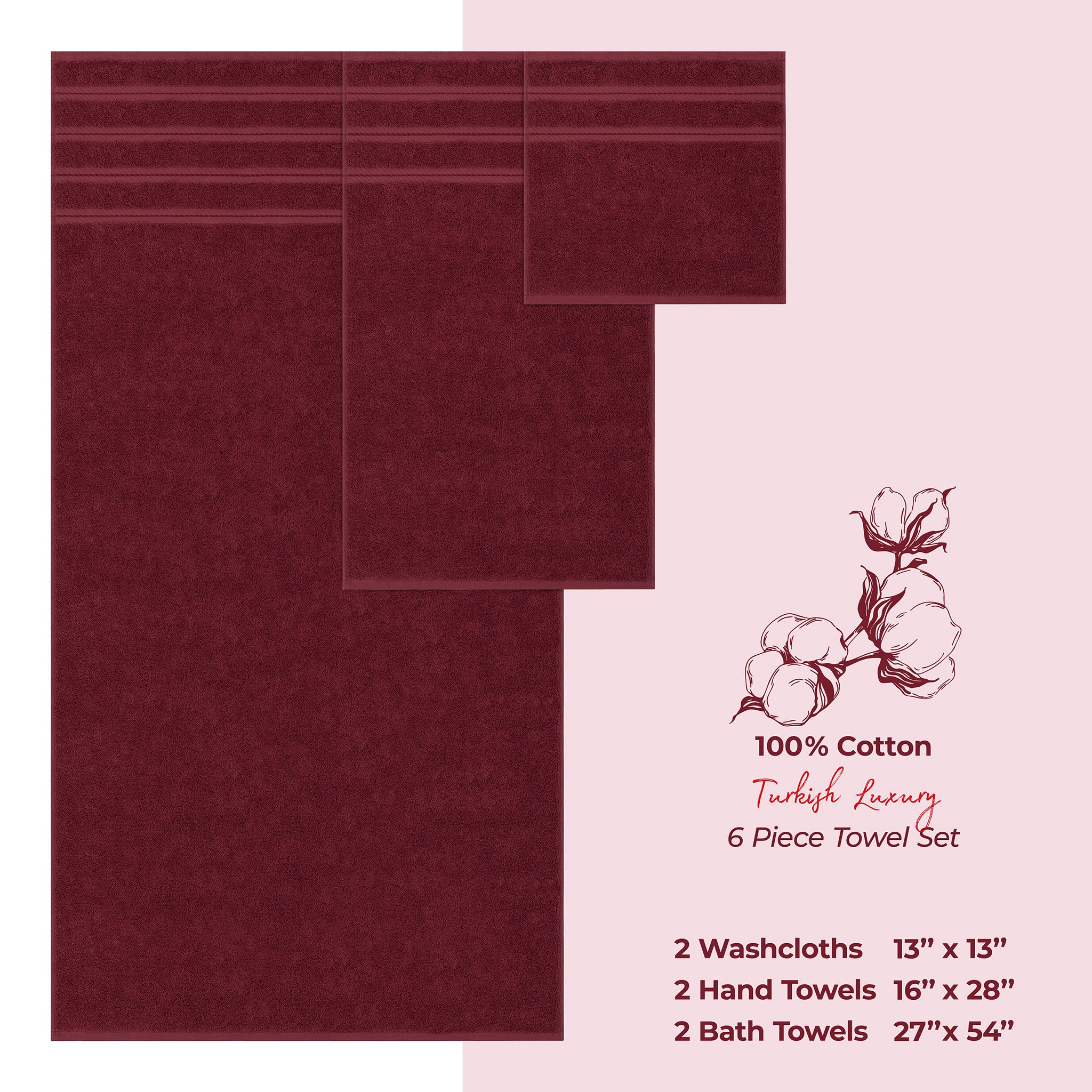 American Soft Linen 6 Piece Best Bath Towels Set 100% Cotton Turkish Towels with 20 Different Colors Bordeaux-Red-4