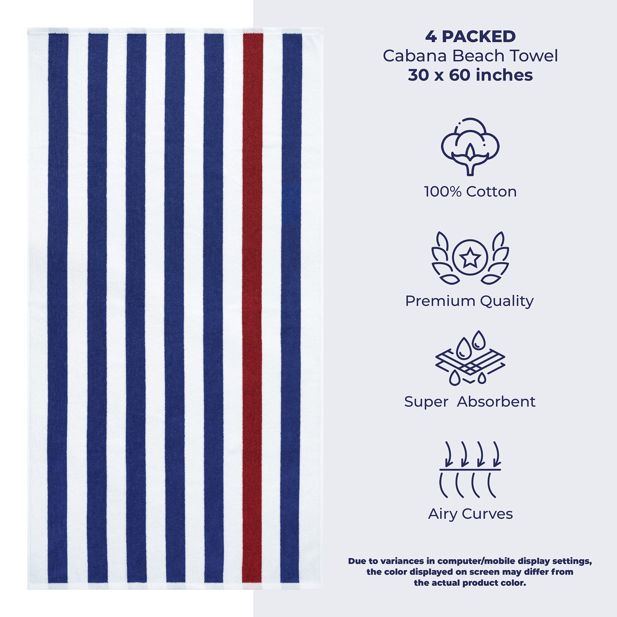 American Soft Linen, Premium Cotton 4 Pack Beach Towels, 30" x 60" Cabana Striped Pool Towels