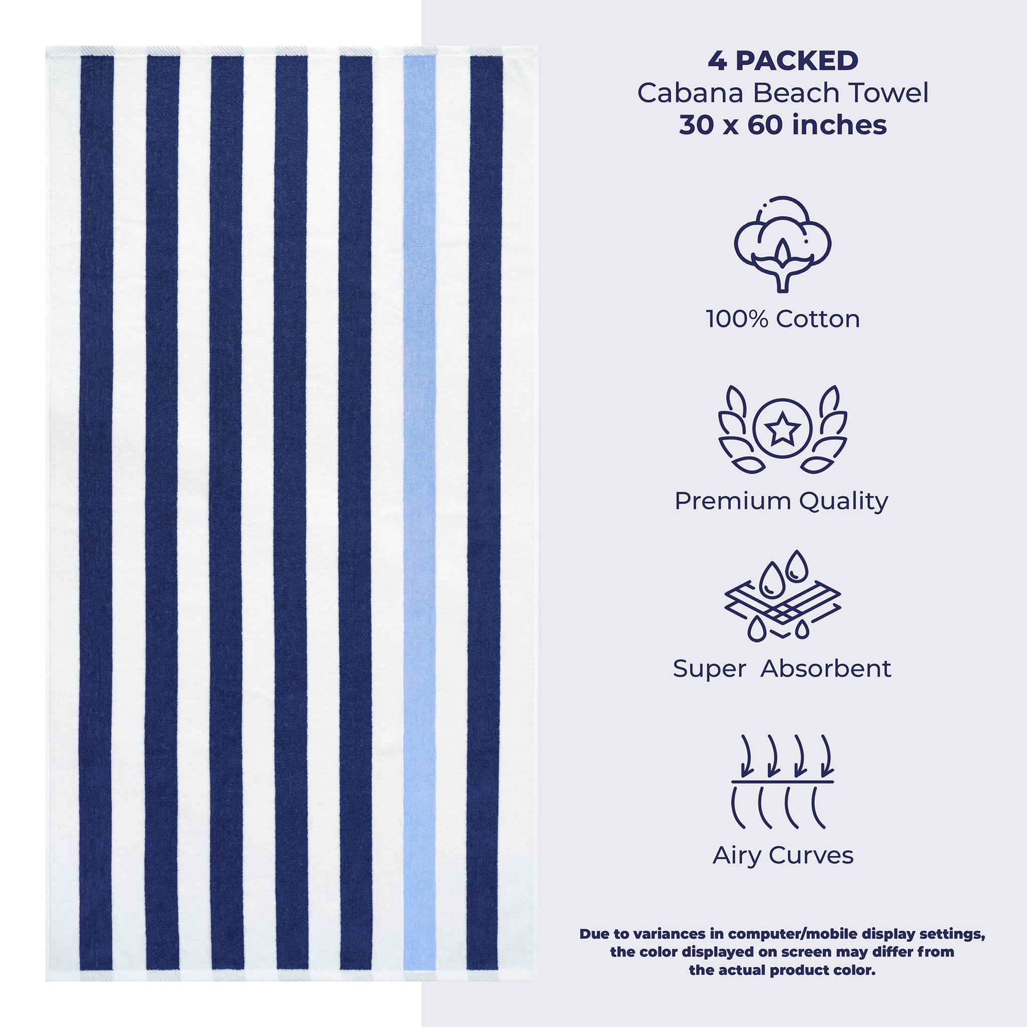 American Soft Linen, Premium Cotton 4 Pack Beach Towels, 30" x 60" Cabana Striped Pool Towels