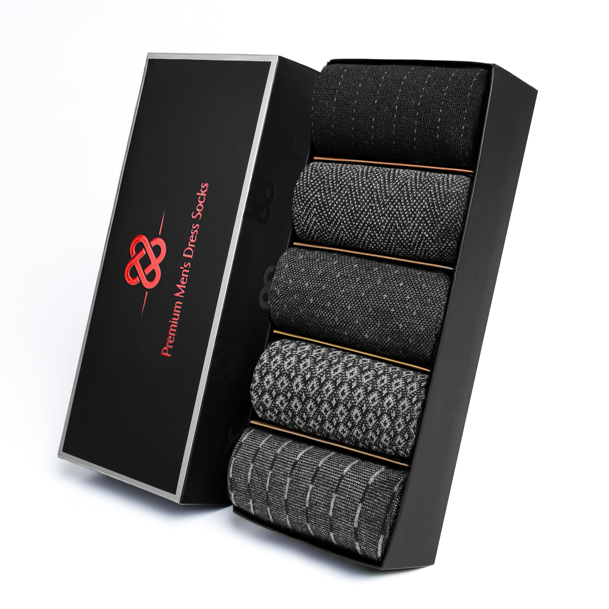 American Soft Linen men’s luxury patterned crew dress socks in premium gift box organizer, 5 pack black