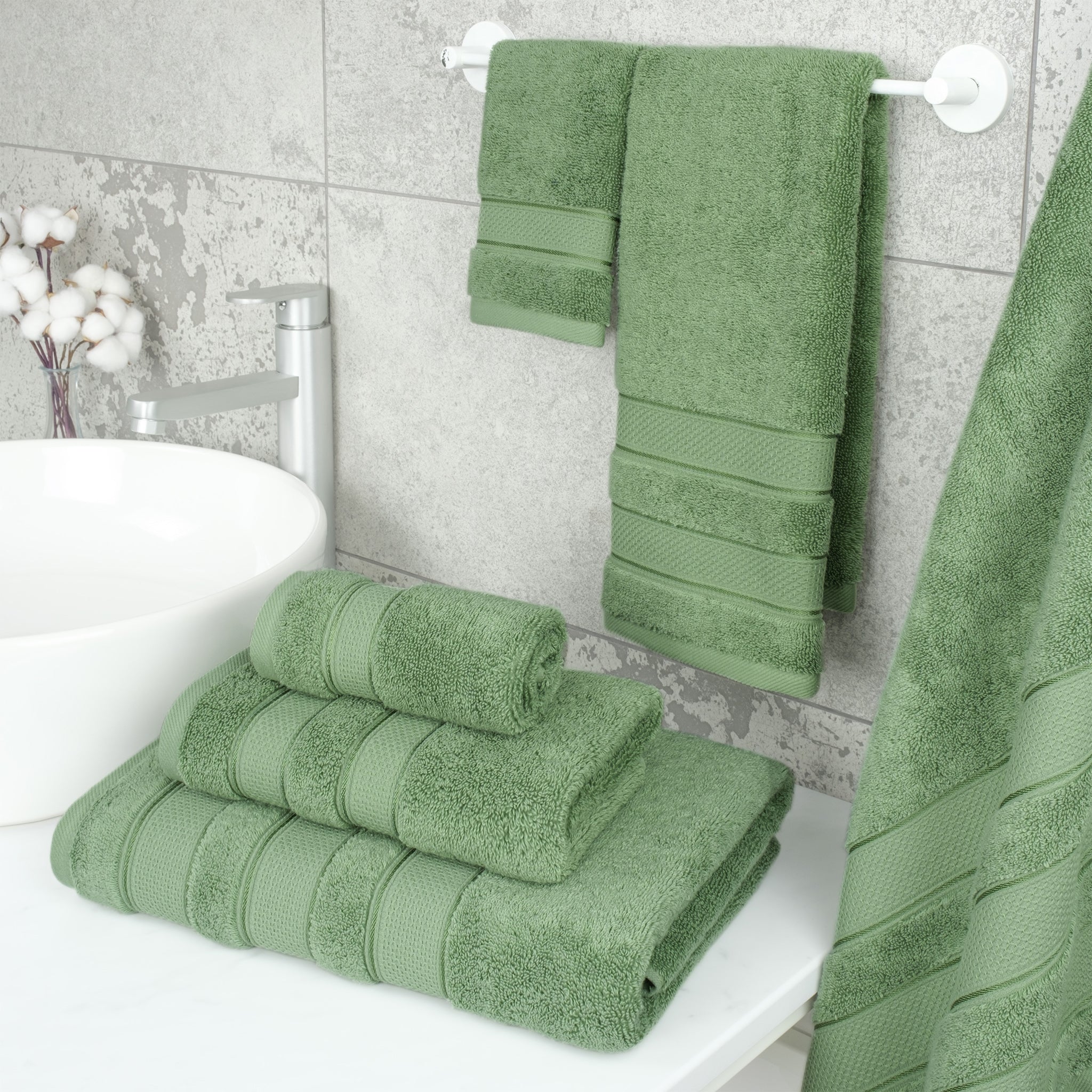 American Soft Linen Salem Collection 6 Piece 100% Cotton Luxury Bath Towel Set Sage Green-2