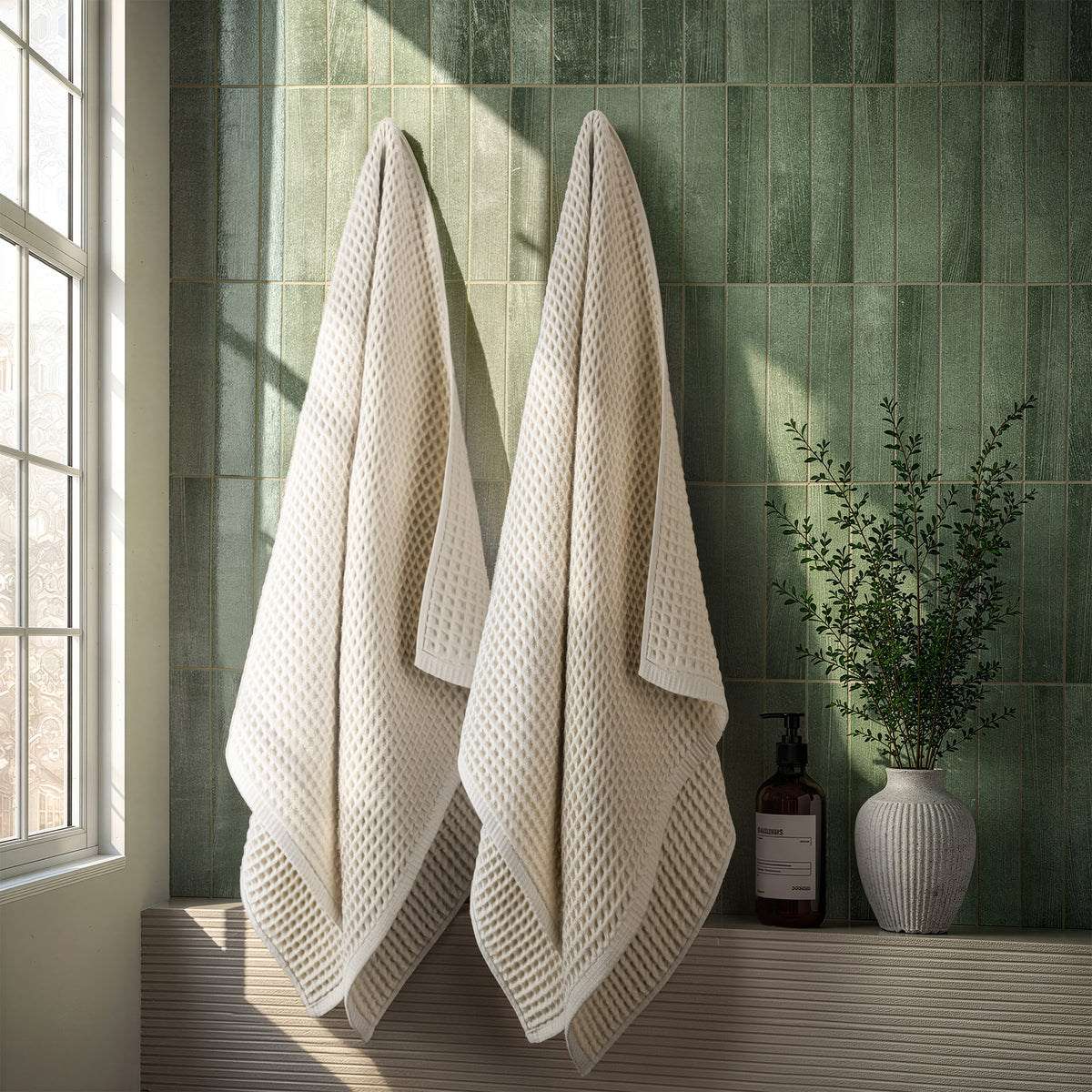 American Soft Linen 100% Cotton Waffle Bath Towels 2 Pack - Beige 2