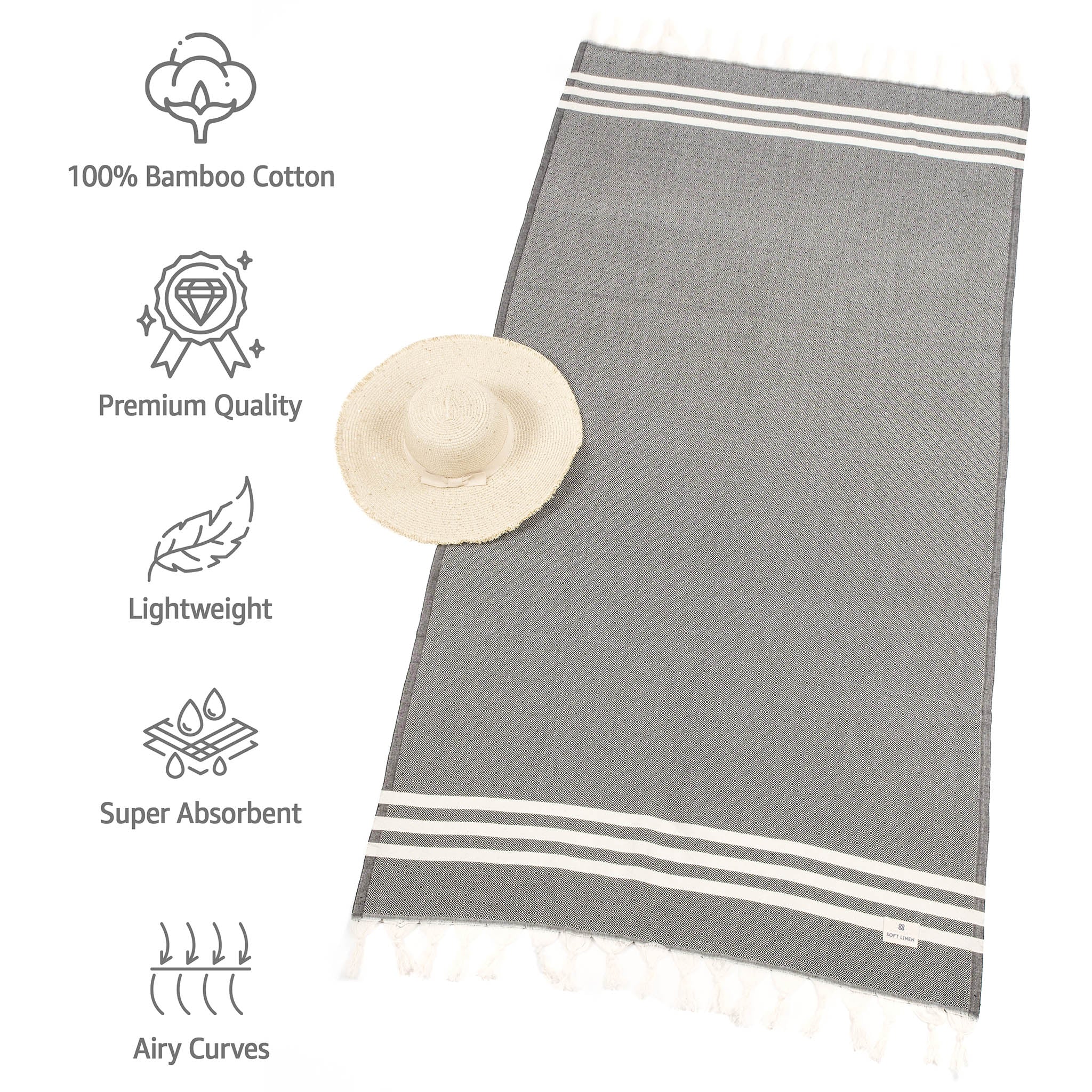 American Soft Linen 100% Bamboo Turkish Peshtemal Towels -black-3