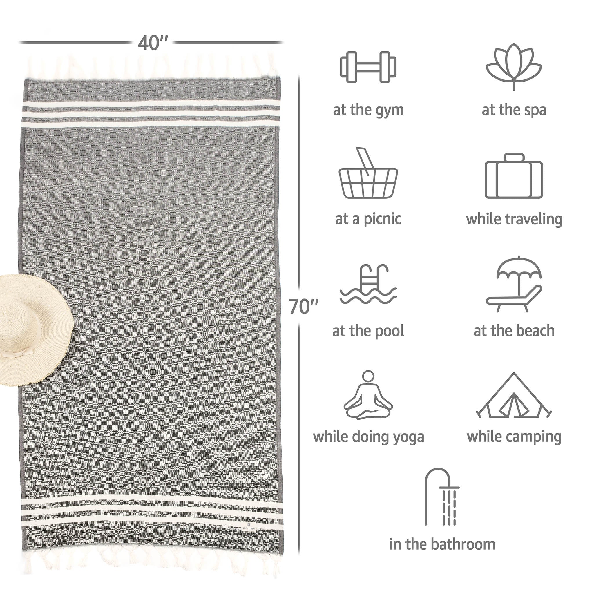 American Soft Linen 100% Bamboo Turkish Peshtemal Towels -black-4