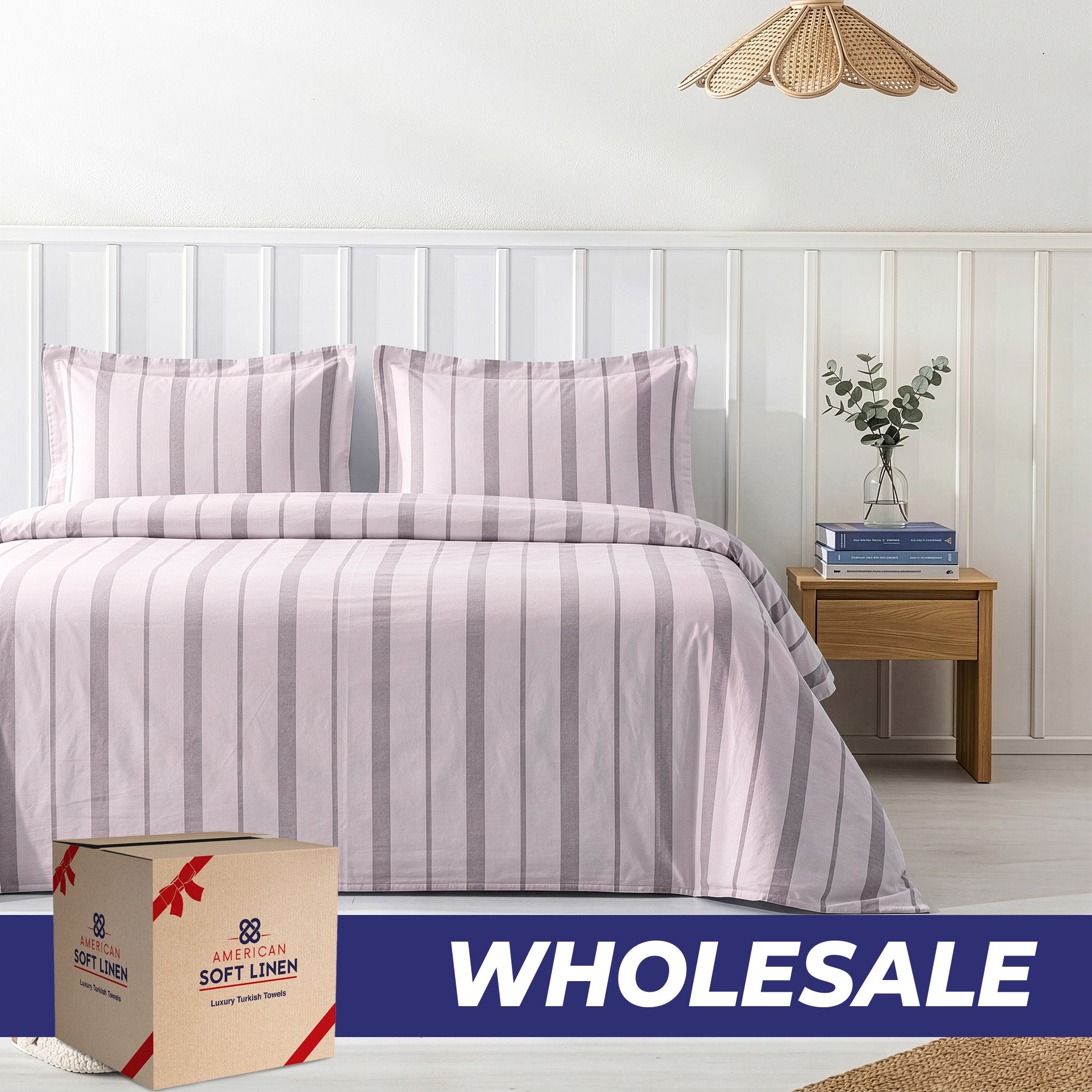 Wholesale 100% Washed Cotton Percale Duvet Cover Set – 200TC Yarn-Dyed Striped Hotel Bedding Set
