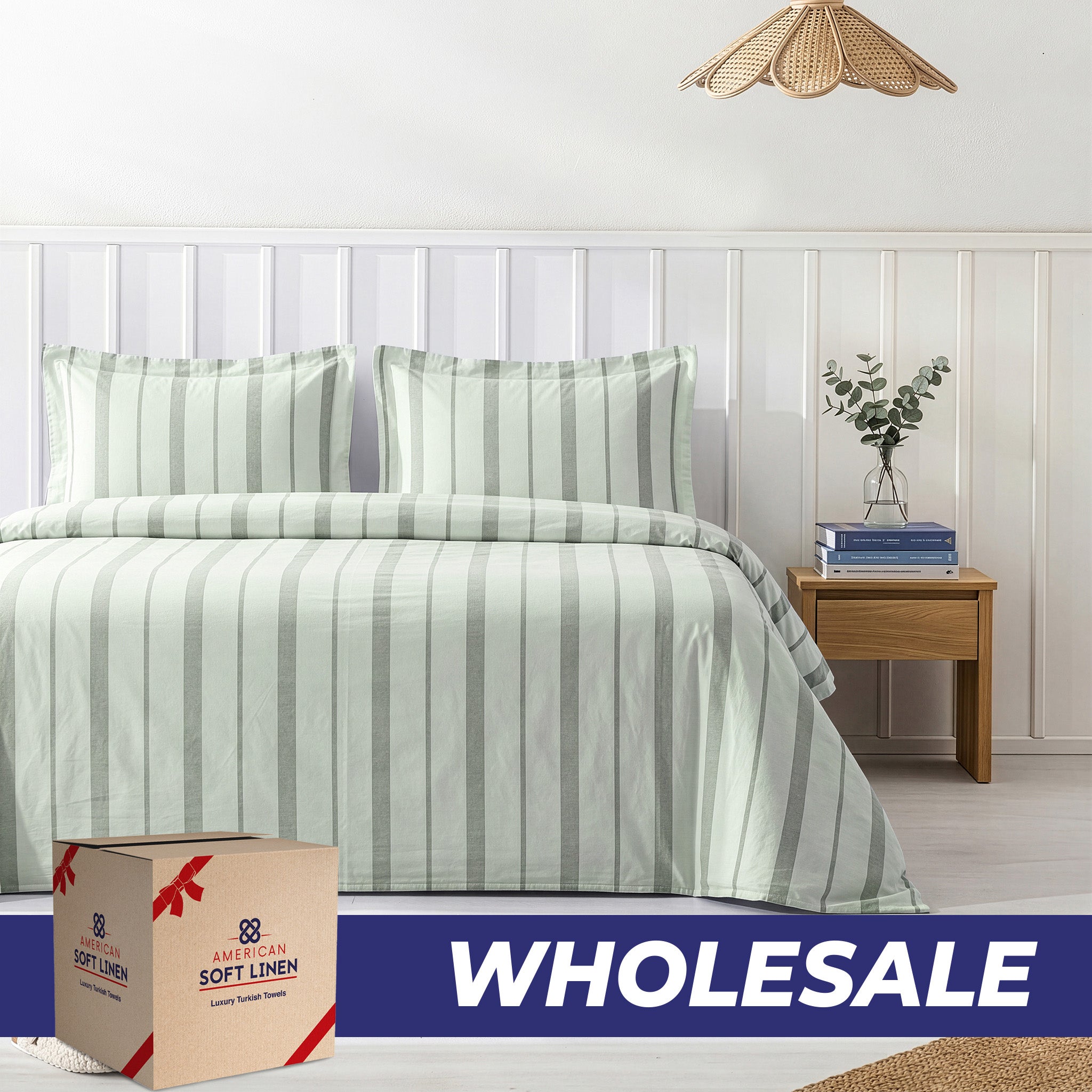 Wholesale 100% Washed Cotton Percale Duvet Cover Set – 200TC Yarn-Dyed Striped Hotel Bedding Set