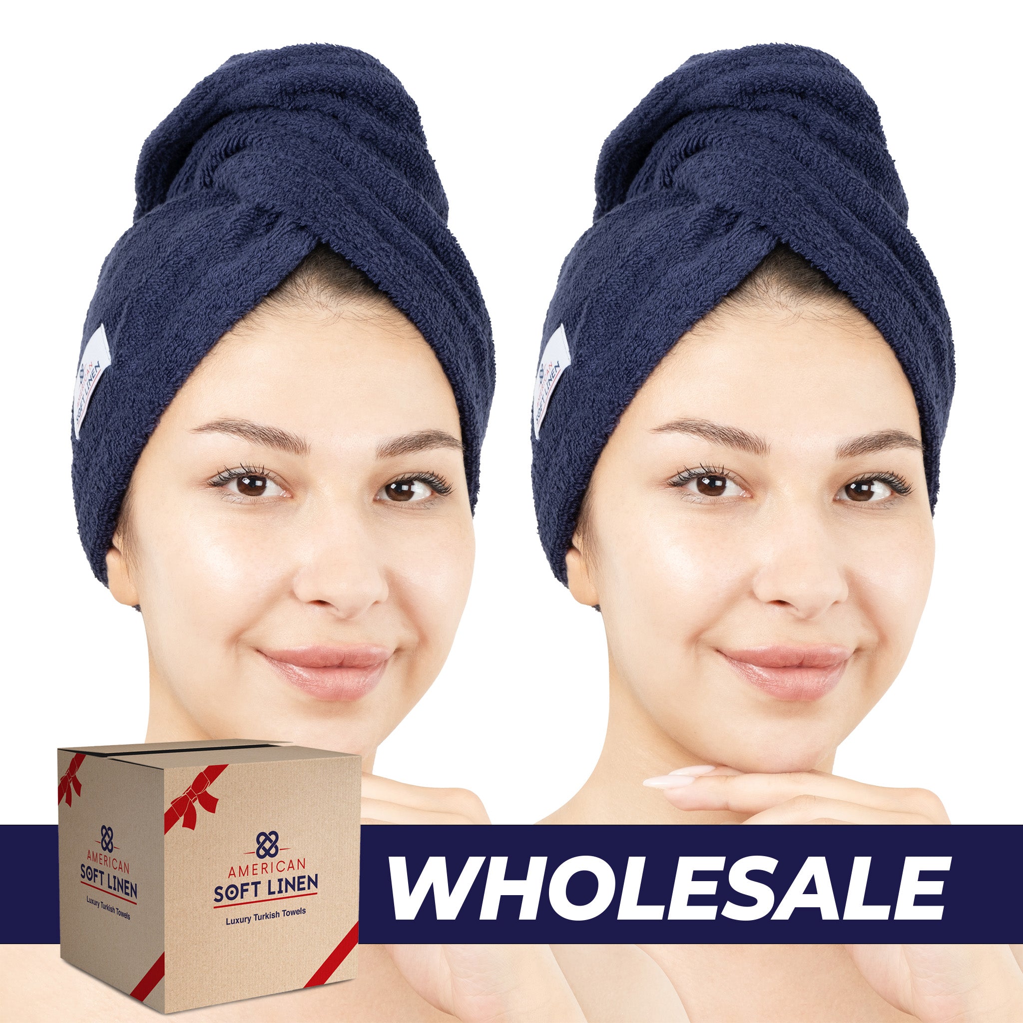 American Soft Linen 100% Cotton Hair Drying Towels for Women 2 pack 75 set case pack navy blue-0