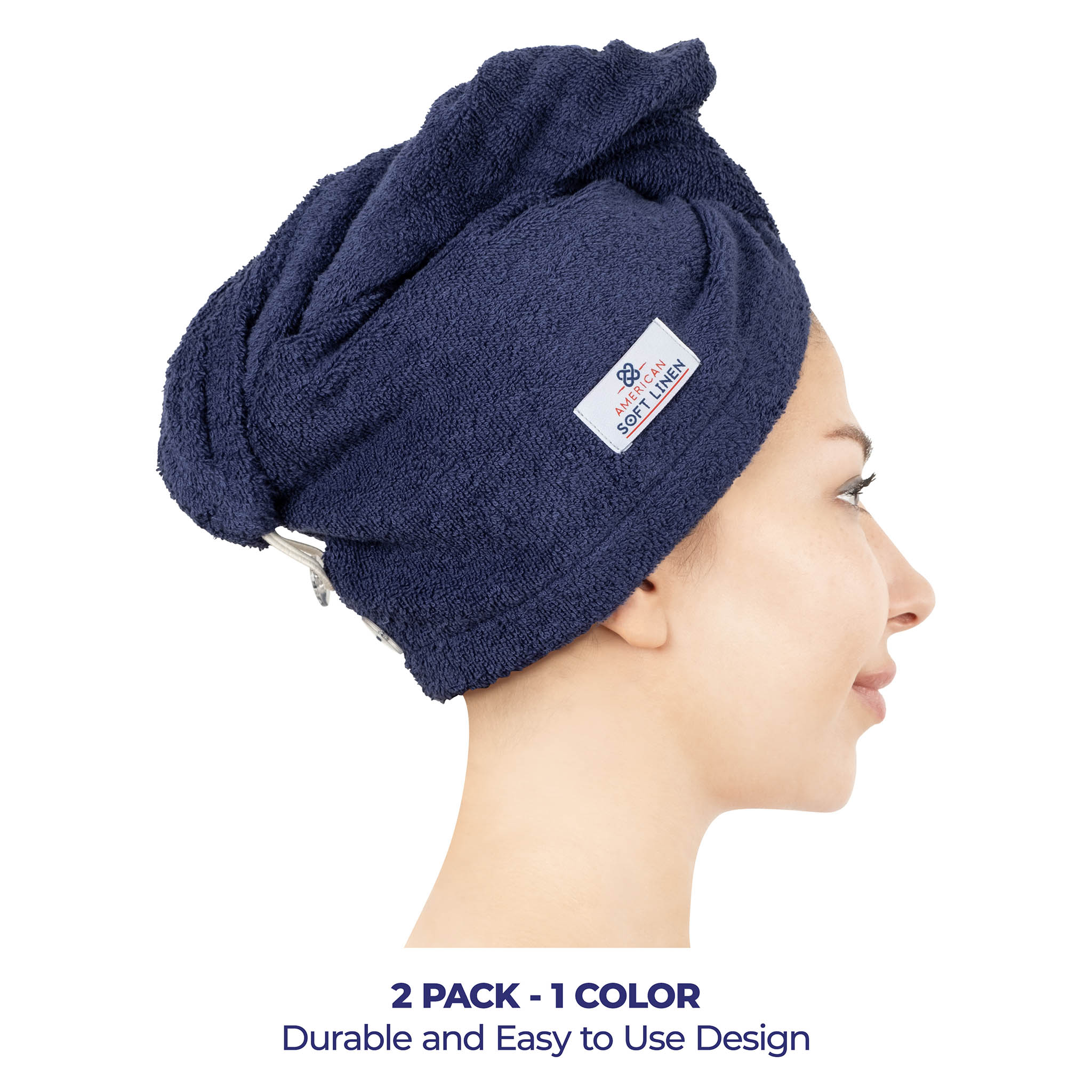 American Soft Linen 100% Cotton Hair Drying Towels for Women 2 pack 75 set case pack navy blue-2