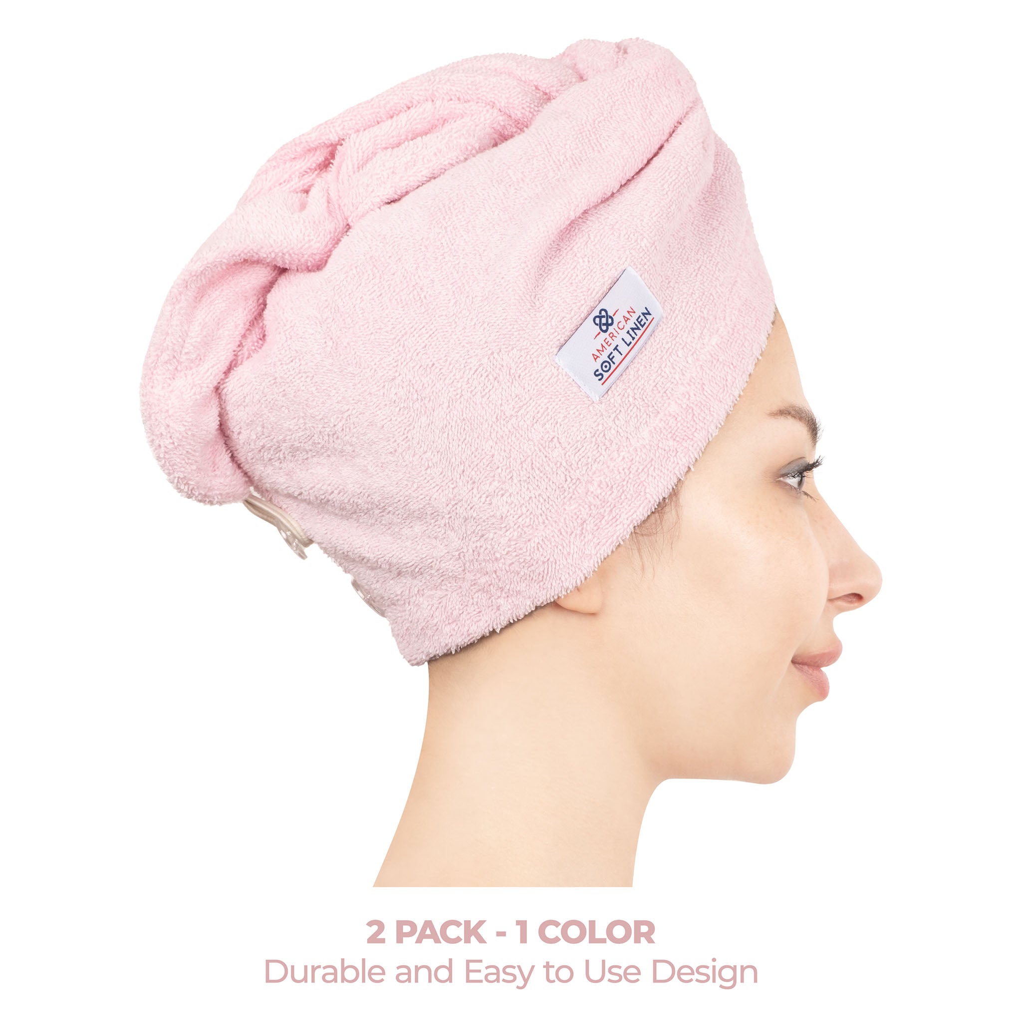 American Soft Linen 100% Cotton Hair Drying Towels for Women 2 pack 75 set case pack pink-2