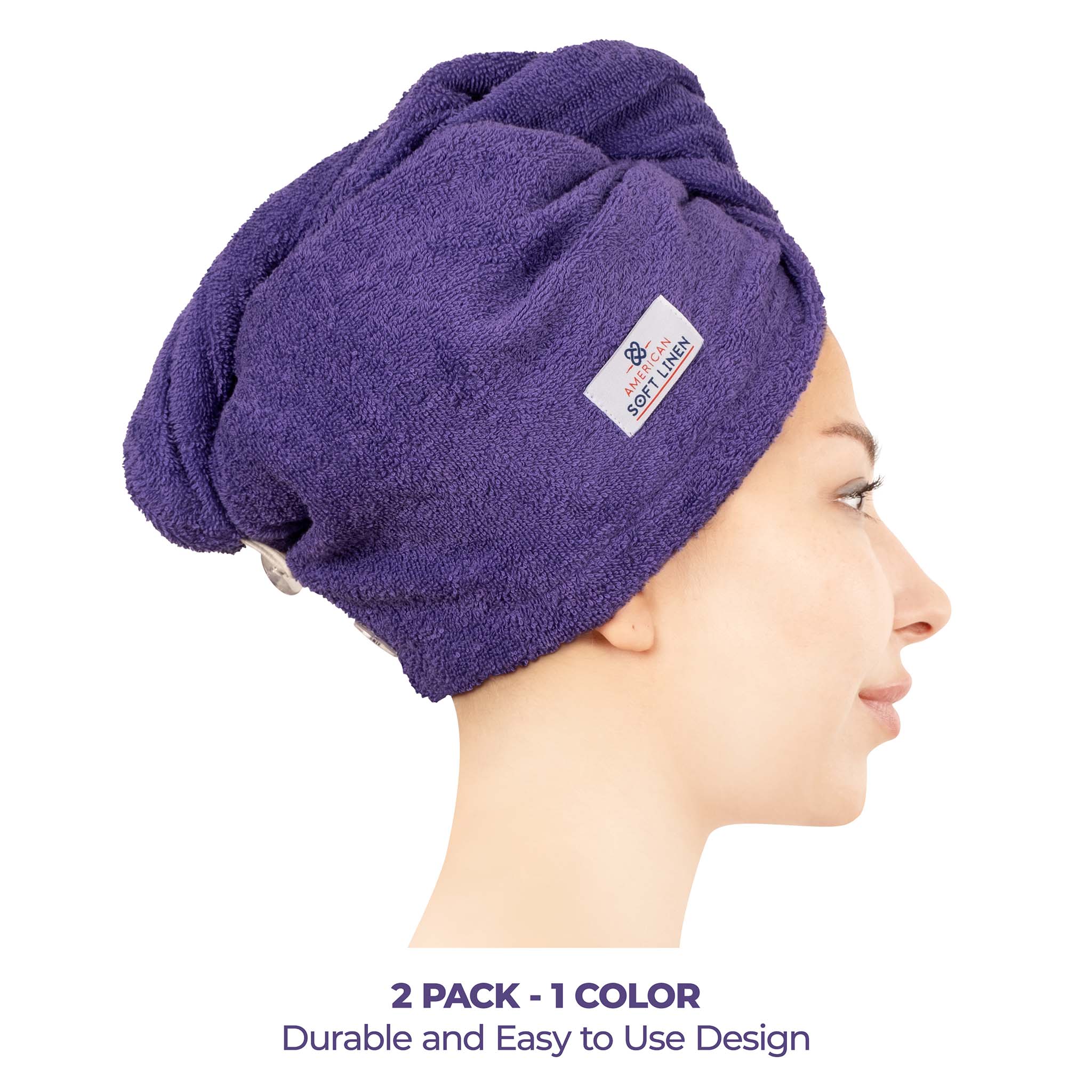 American Soft Linen 100% Cotton Hair Drying Towels for Women 2 pack 75 set case pack purple-2