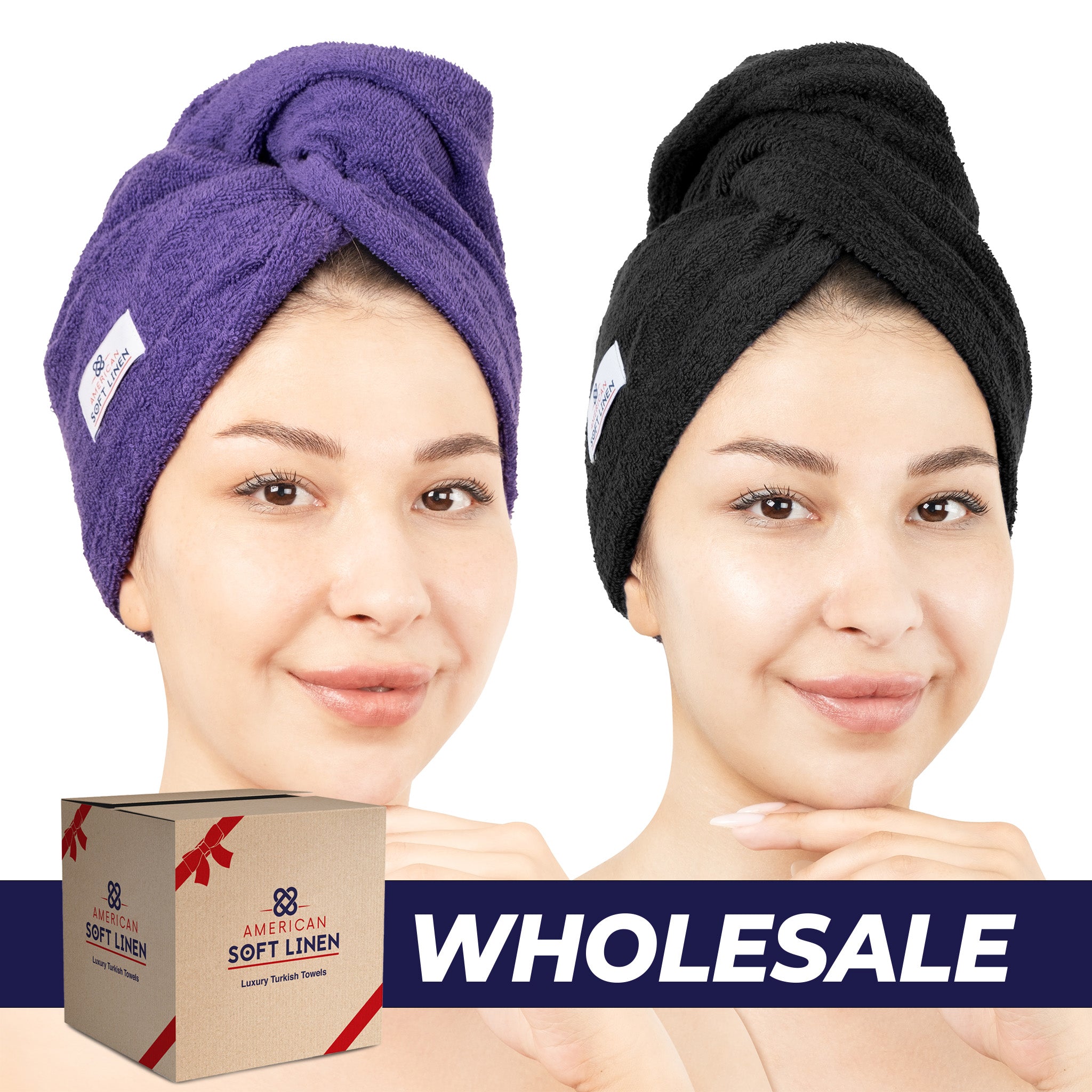 American Soft Linen 100% Cotton Hair Drying Towels for Women 2 pack 75 set case pack purple-black-0