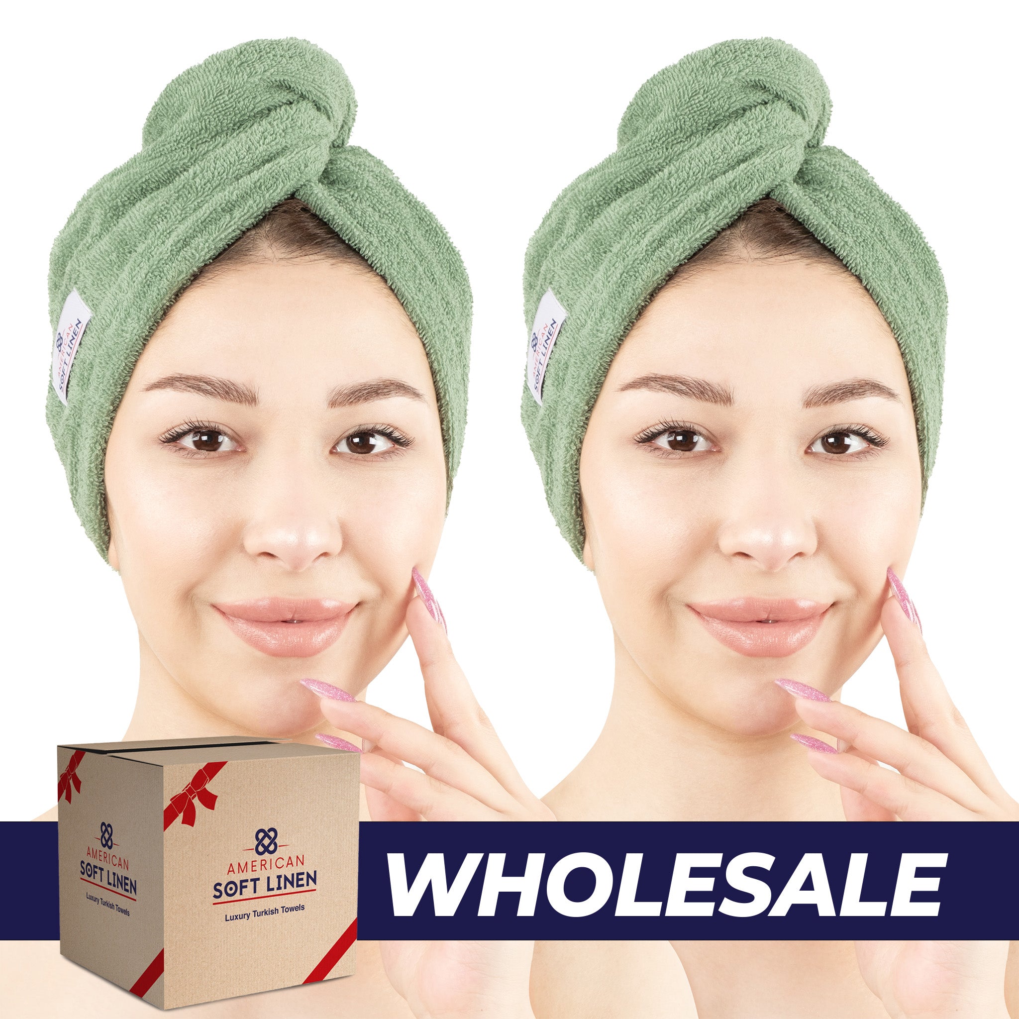 American Soft Linen 100% Cotton Hair Drying Towels for Women 2 pack 75 set case pack sage-green-0