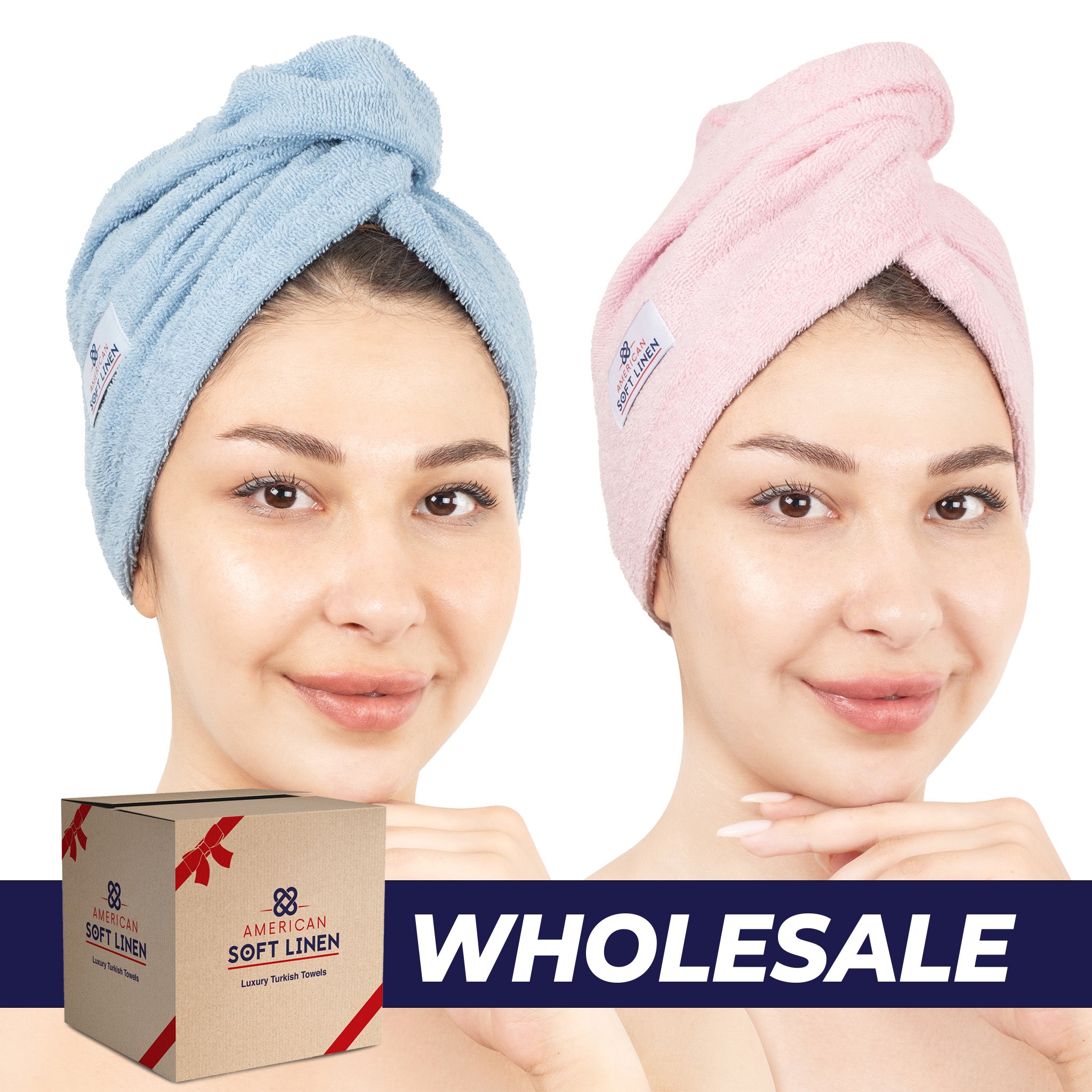 American Soft Linen 100% Cotton Hair Drying Towels for Women 2 pack 75 set case pack sky blue-pink-0
