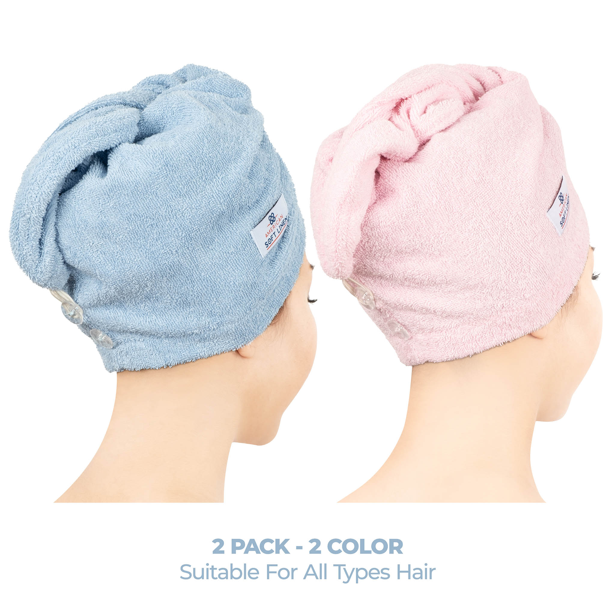 American Soft Linen 100% Cotton Hair Drying Towels for Women 2 pack 75 set case pack sky blue-pink-2