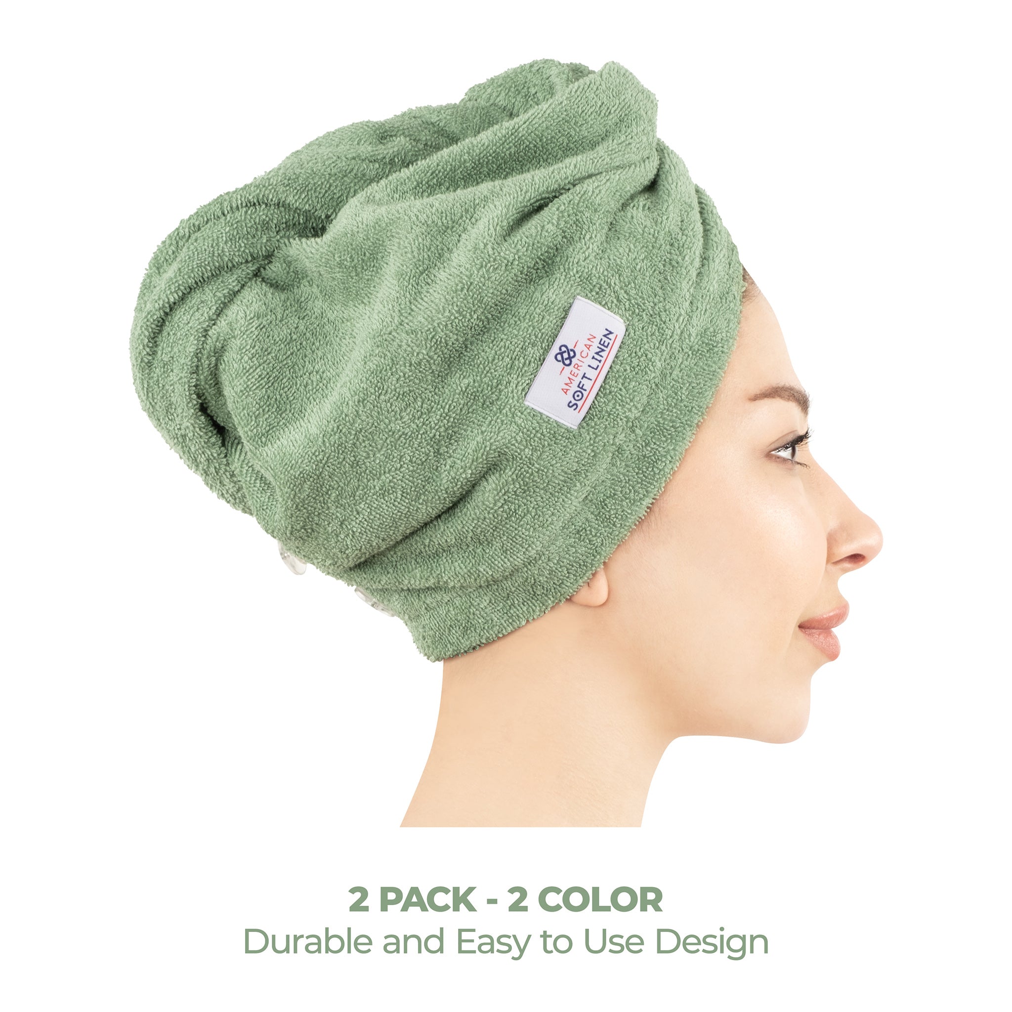American Soft Linen 100% Cotton Hair Drying Towels for Women 2 pack 75 set case pack white-sage green-4