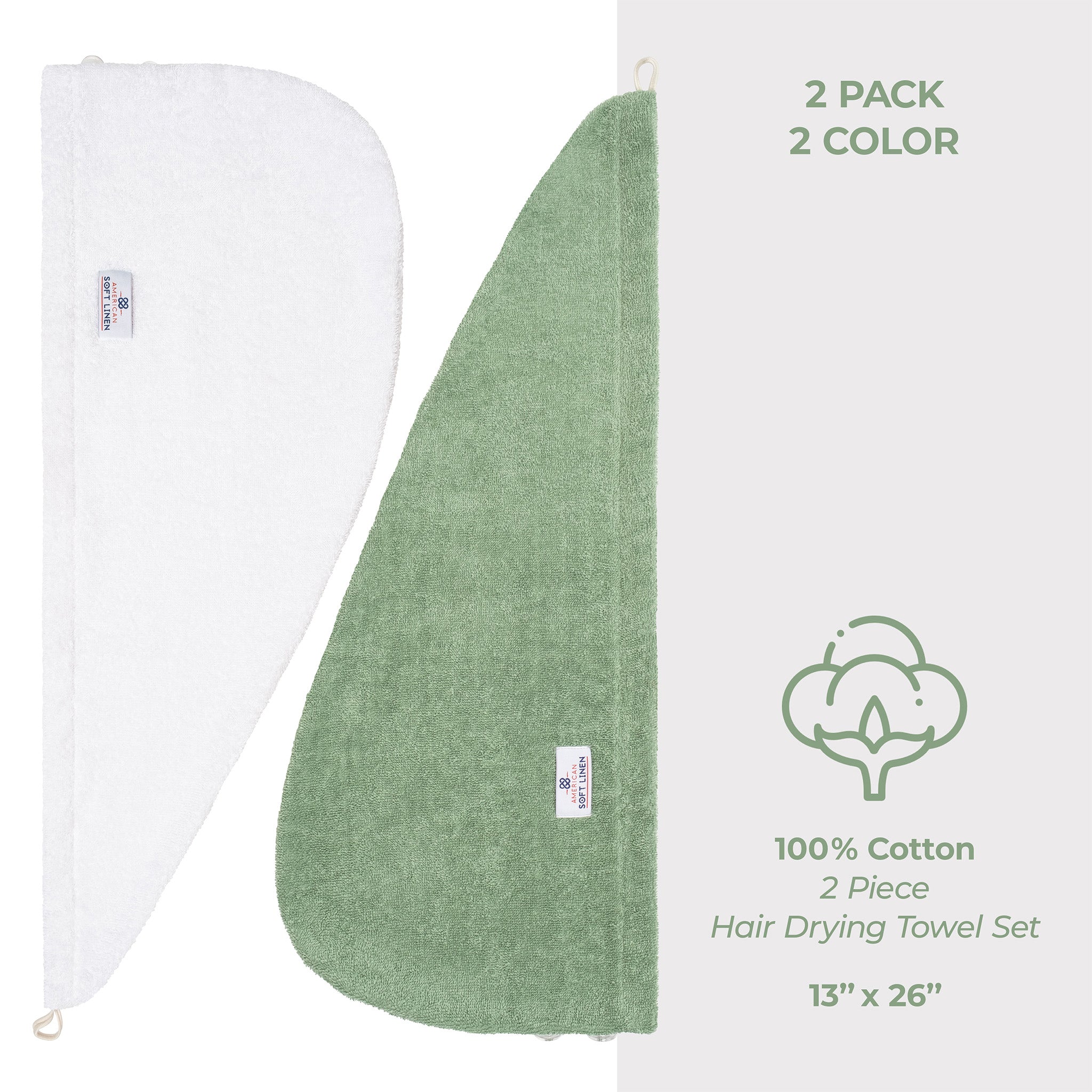 American Soft Linen 100% Cotton Hair Drying Towels for Women 2 pack 75 set case pack white-sage green-5