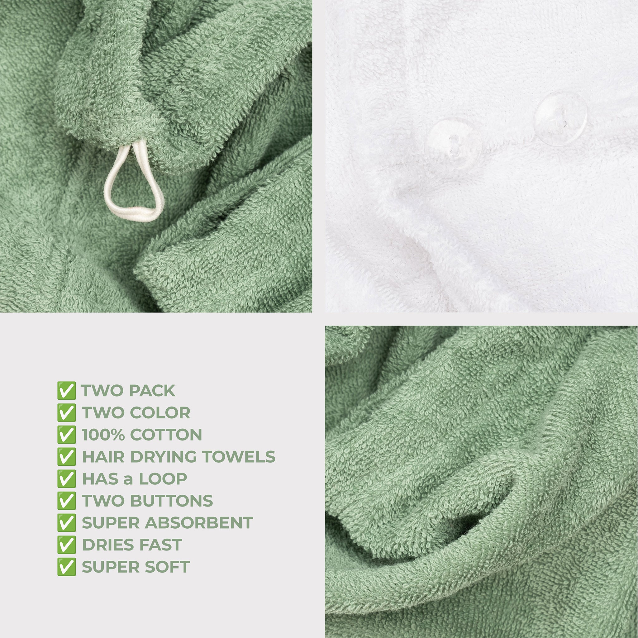American Soft Linen 100% Cotton Hair Drying Towels for Women 2 pack 75 set case pack white-sage green-6