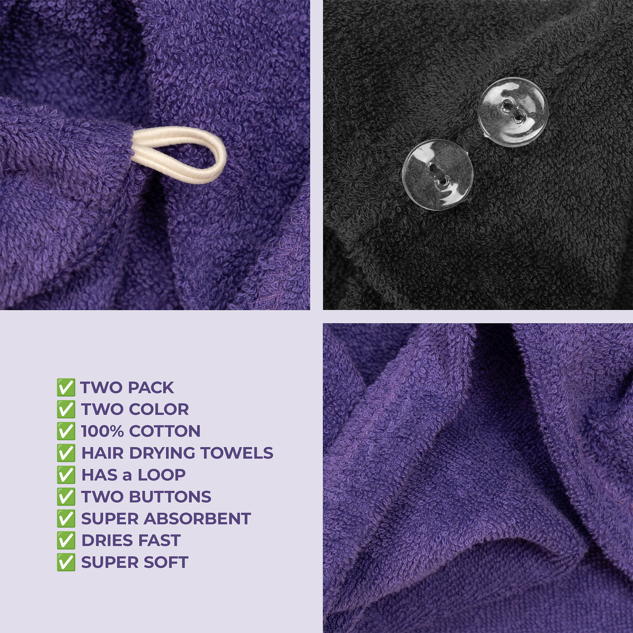 American Soft Linen 100% Cotton Hair Drying Towels for Women Purple-Black-6