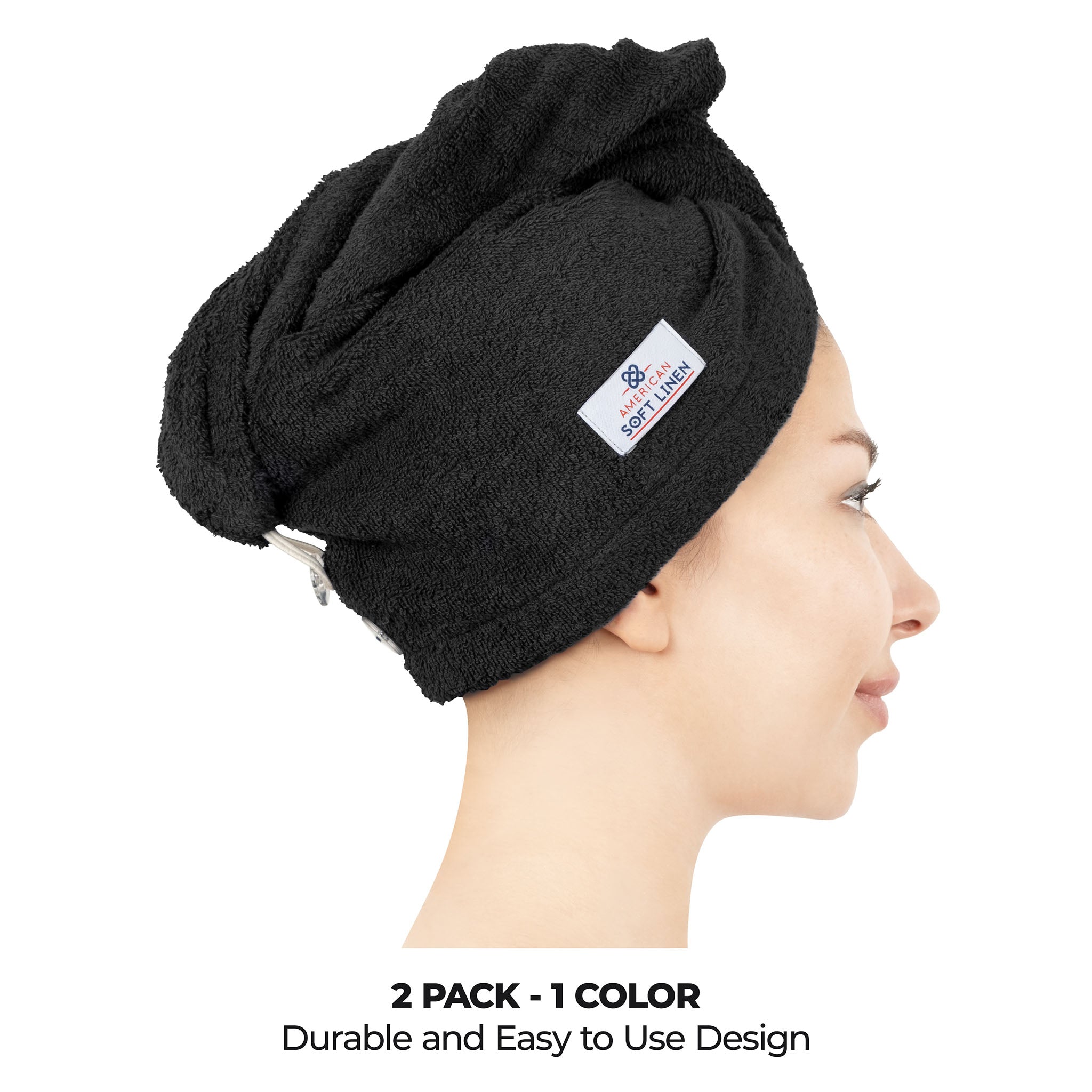 American Soft Linen 100% Cotton Hair Drying Towels for Women Black-2