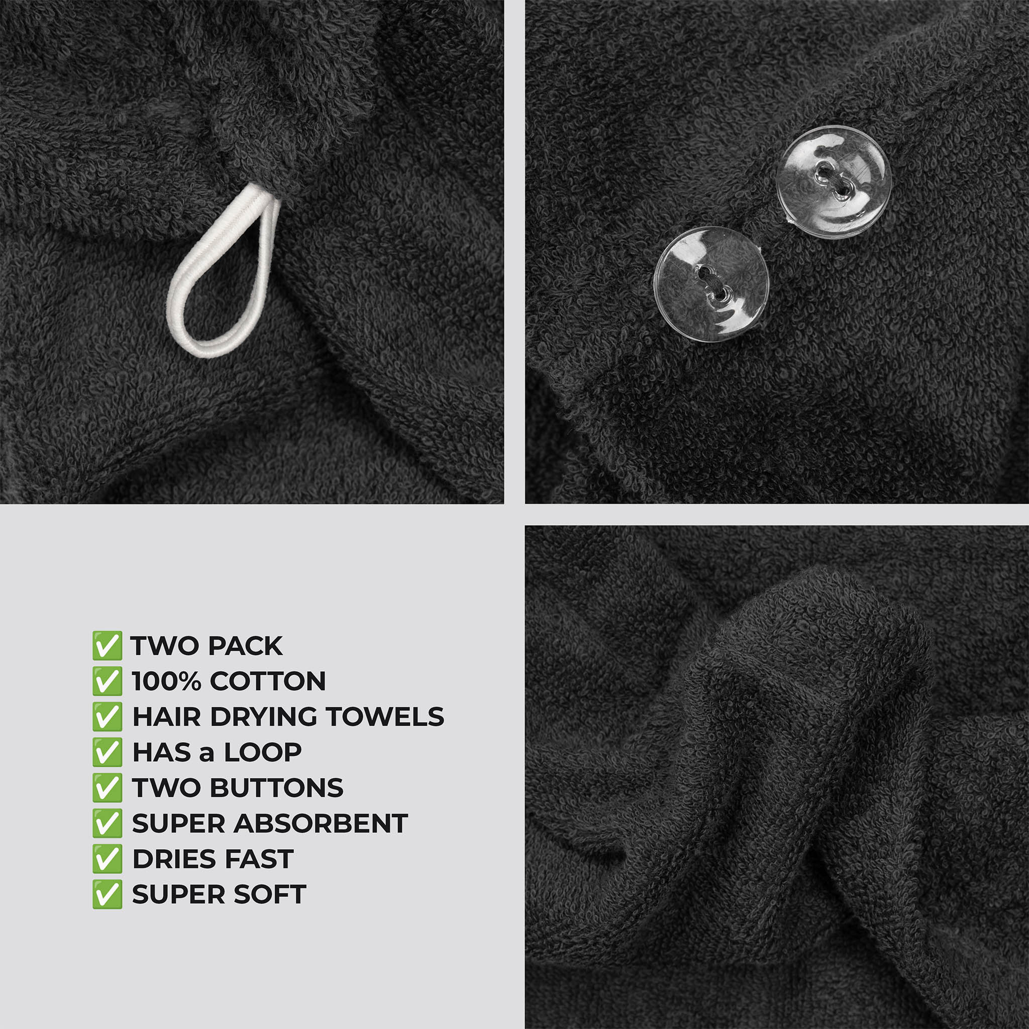 American Soft Linen 100% Cotton Hair Drying Towels for Women Black-5