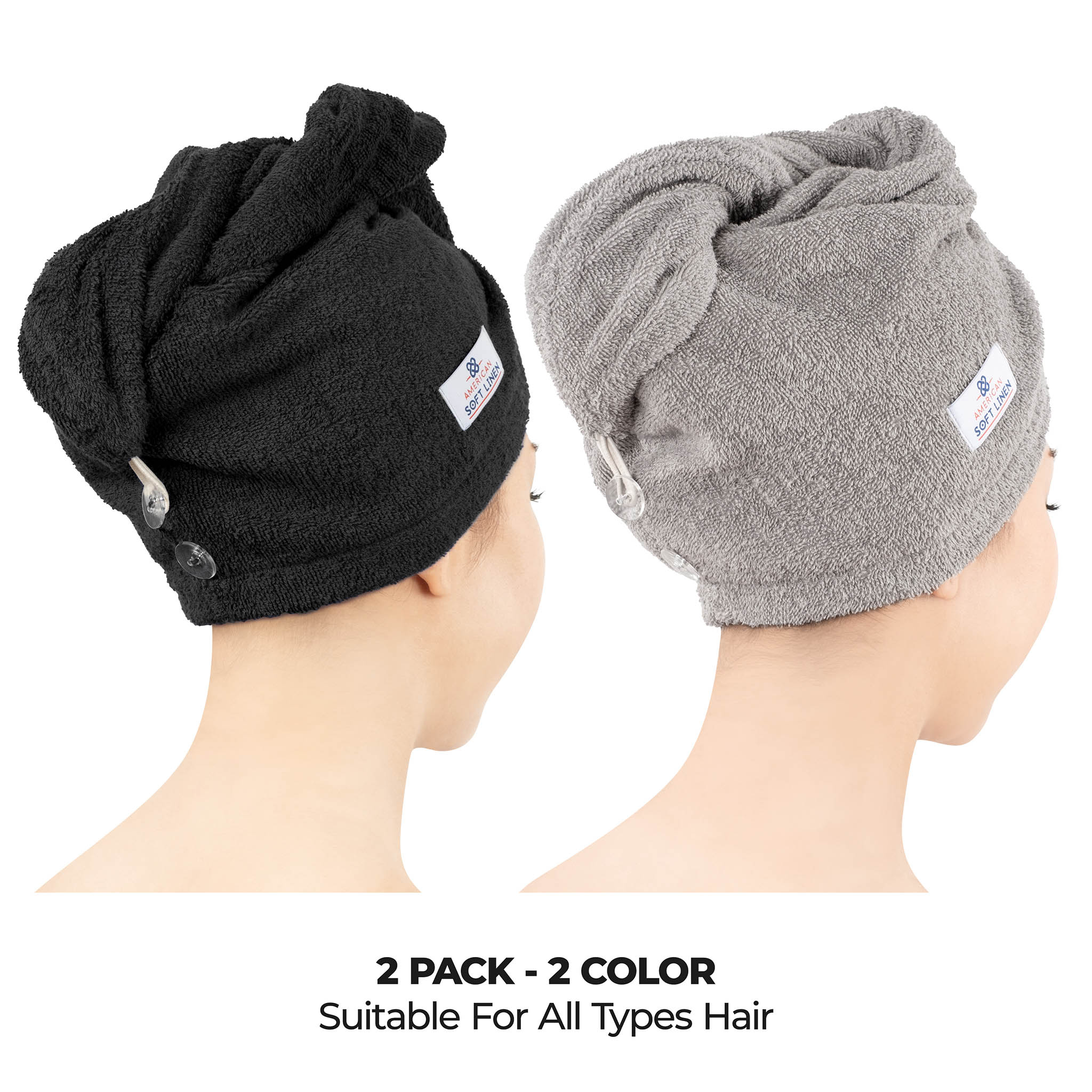 American Soft Linen 100% Cotton Hair Drying Towels for Women Black-Rockridge Gray-2