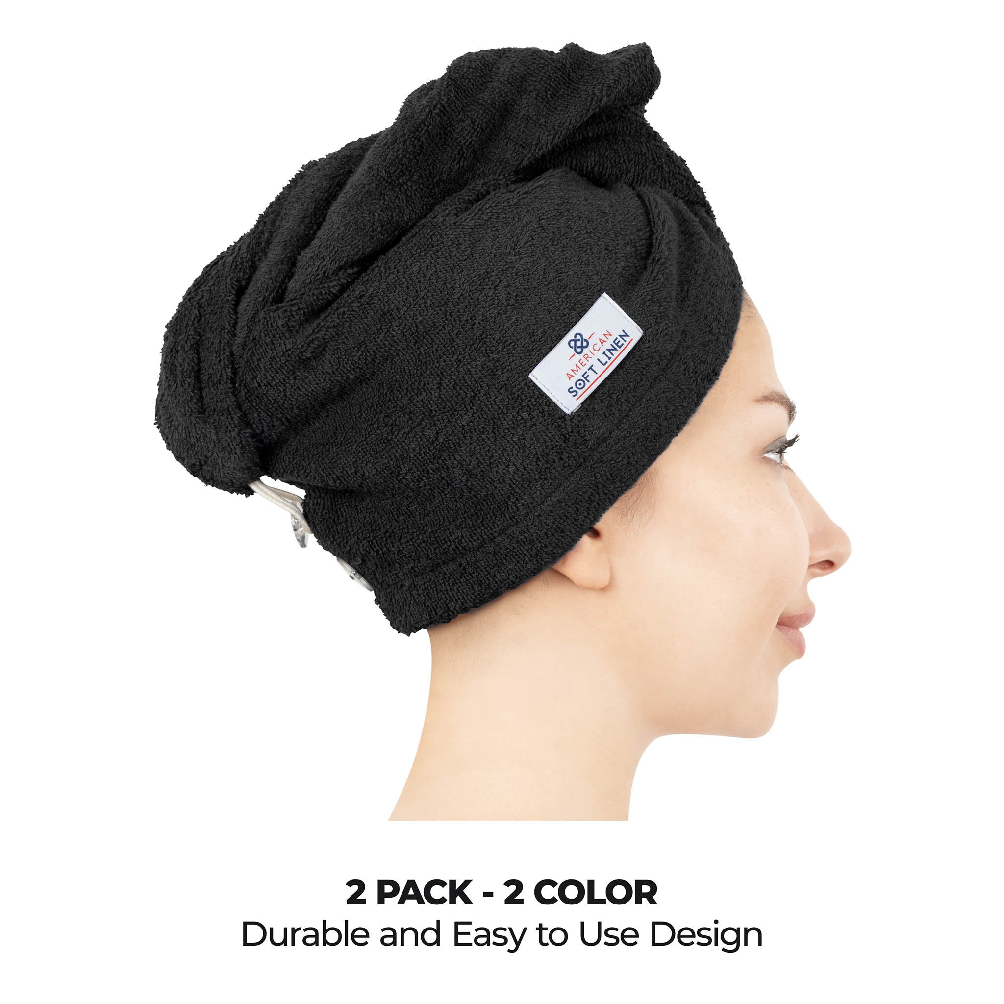 American Soft Linen 100% Cotton Hair Drying Towels for Women Black-Rockridge Gray-3