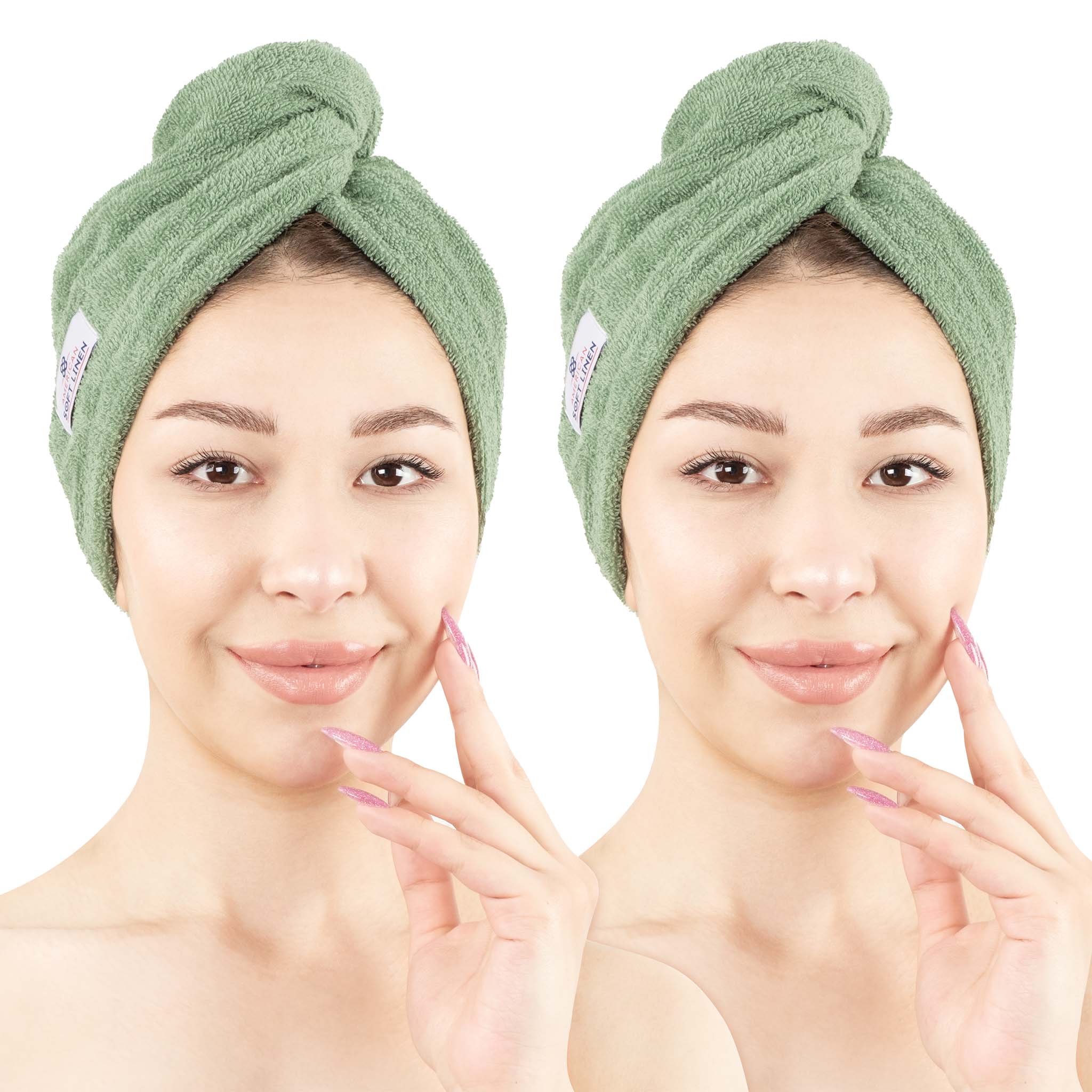 American Soft Linen 100% Cotton Hair Drying Towels for Women Sage Green-1