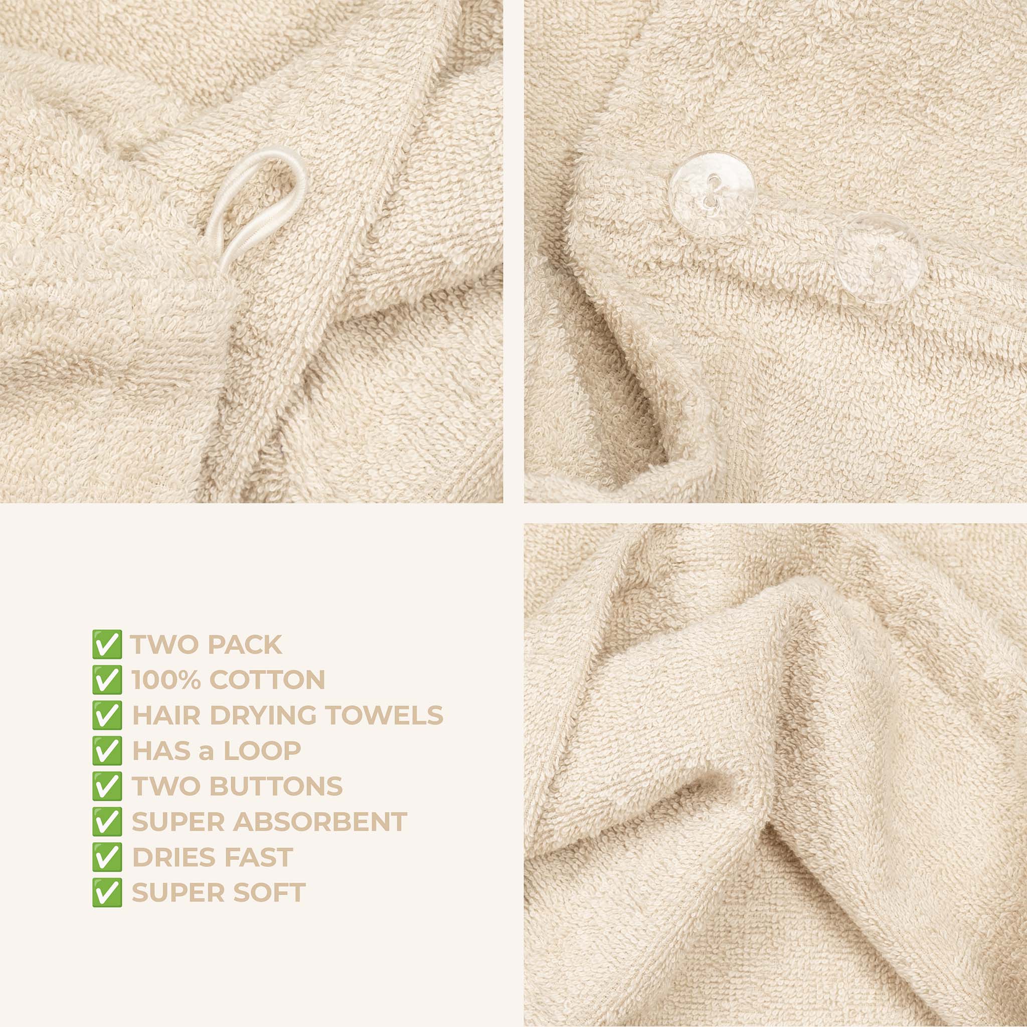 American Soft Linen 100% Cotton Hair Drying Towels for Women Sand Taupe-5