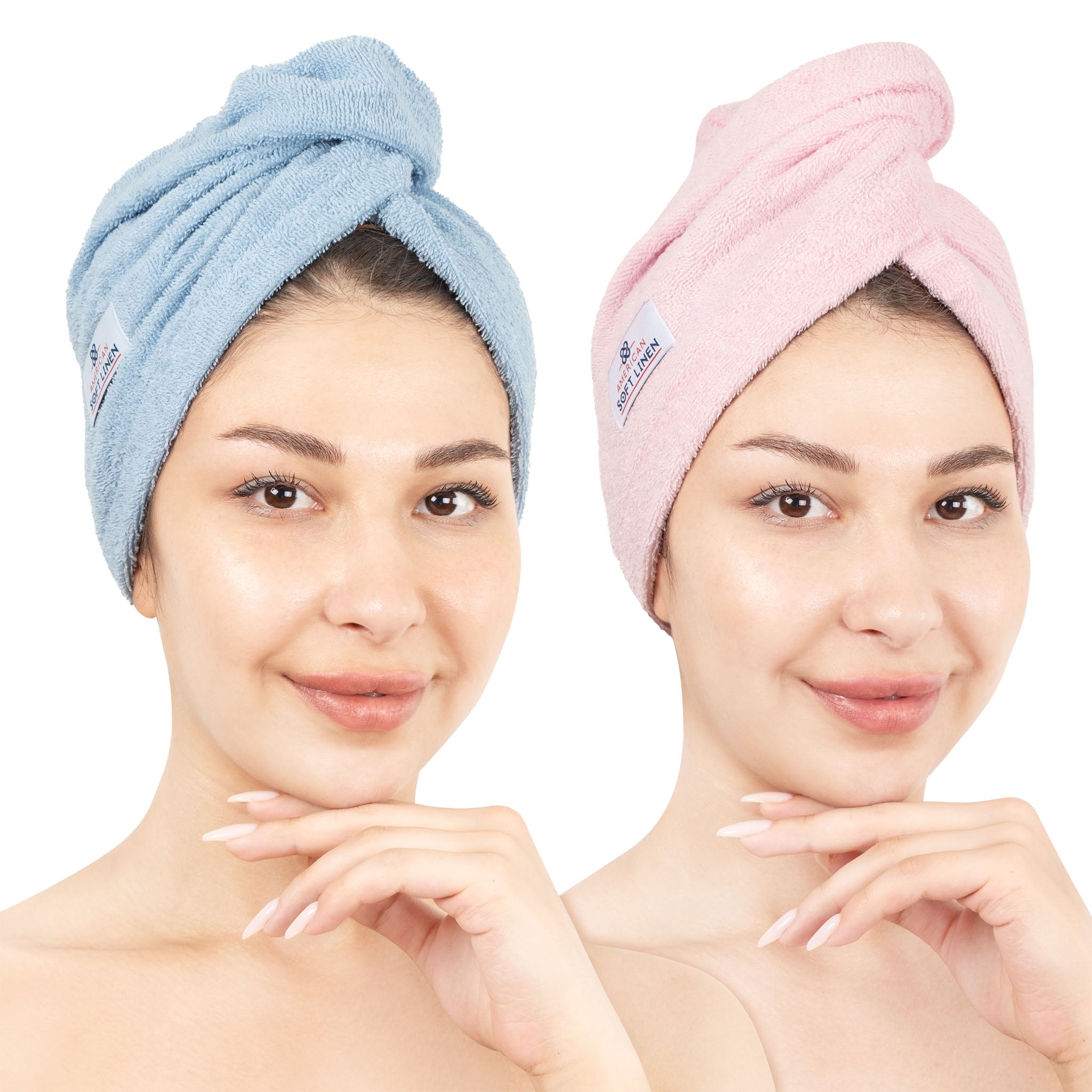 American Soft Linen 100% Cotton Hair Drying Towels for Women Sky Blue-Pink-1