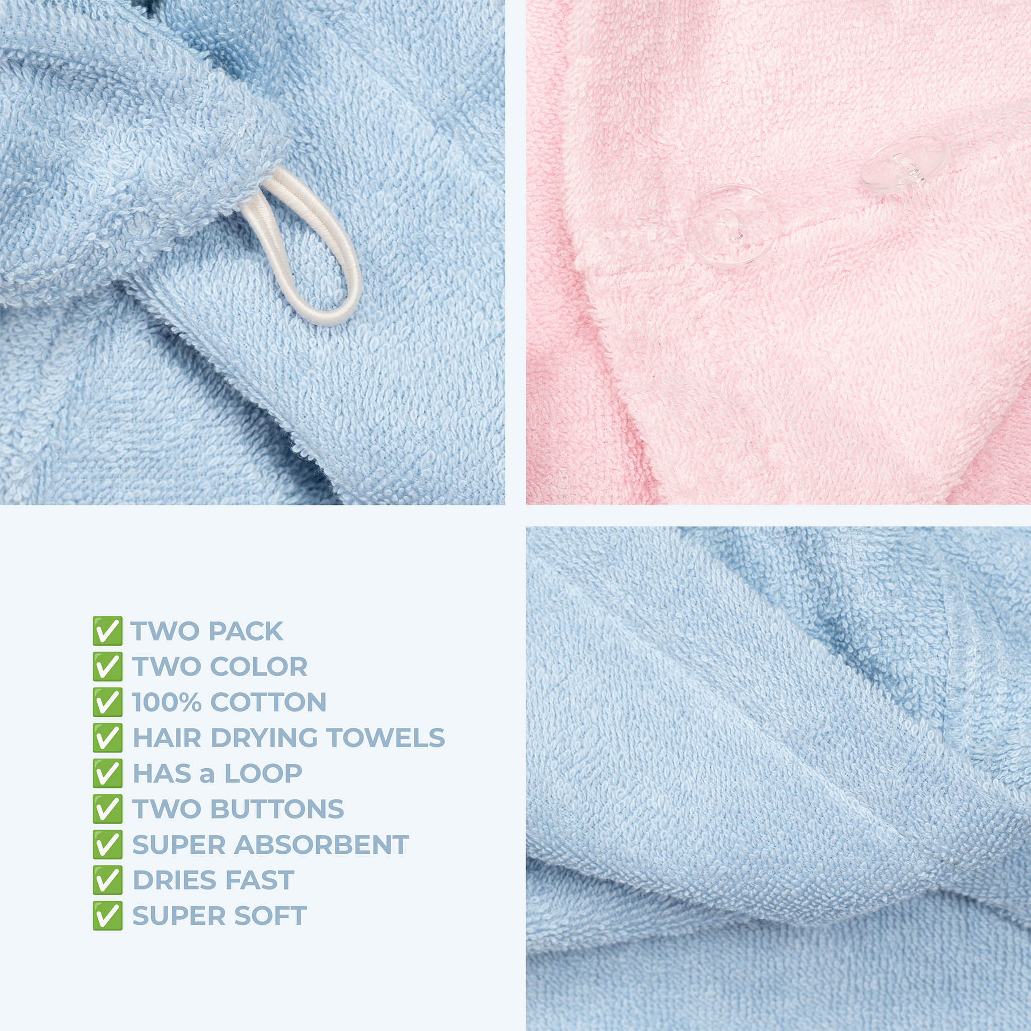 American Soft Linen 100% Cotton Hair Drying Towels for Women Sky Blue-Pink-6