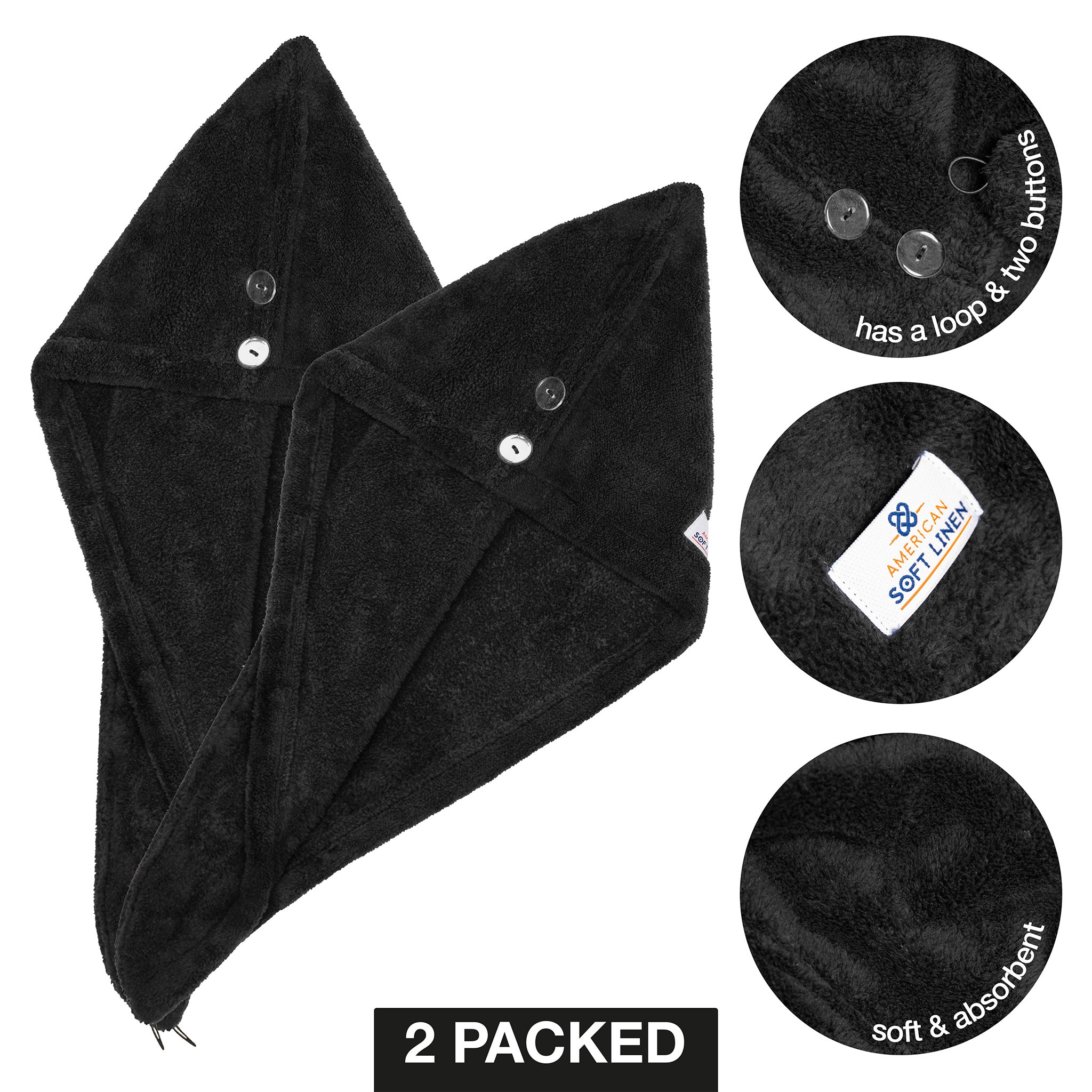 American Soft Linen Extremely Soft Super Absorbent and Fast Drying Hair Towel -2-packed-black-5