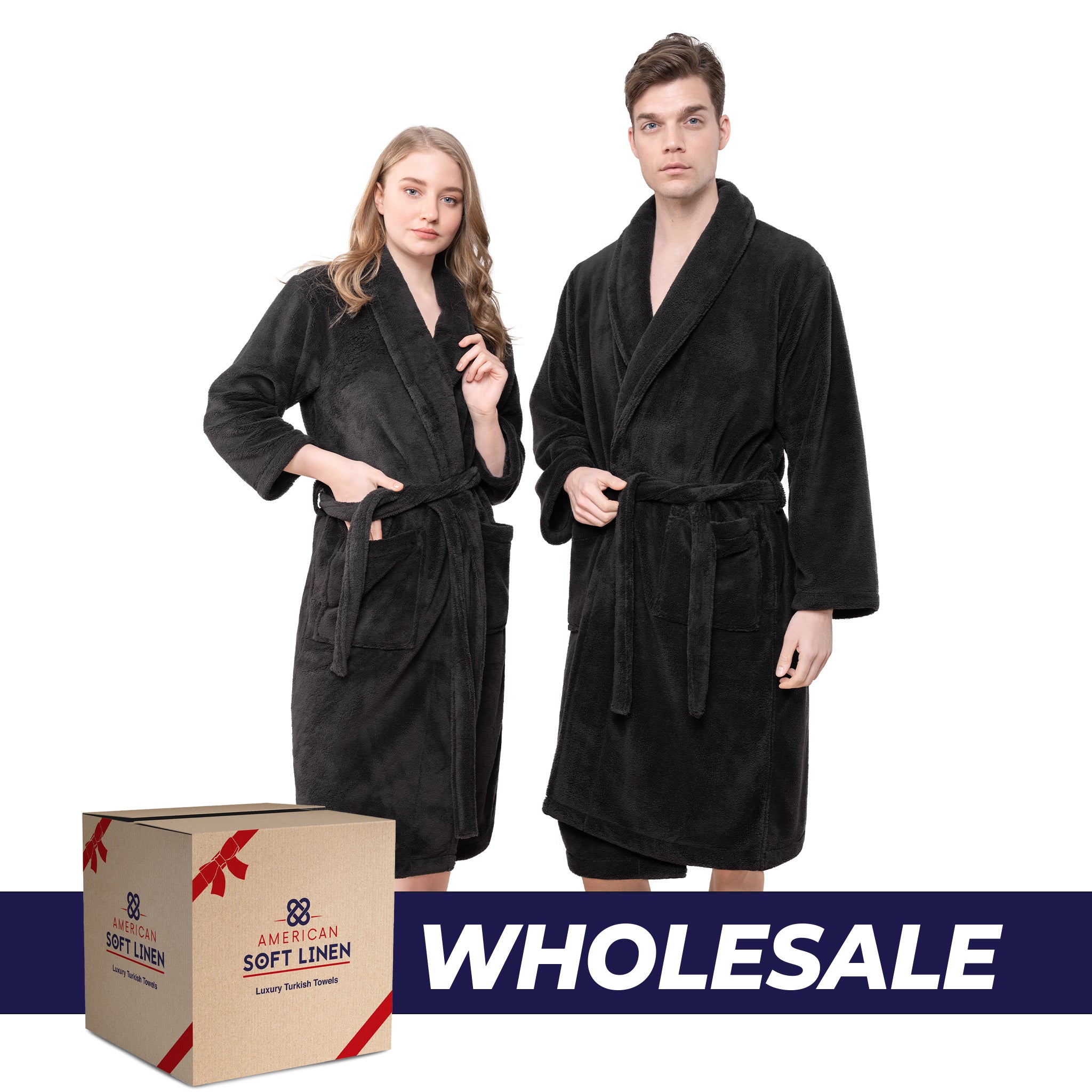 American Soft Linen Super Soft Absorbent and Fluffy Unisex Fleece Bathrobe -12 Set Case Pack -XL-XXL-black-0