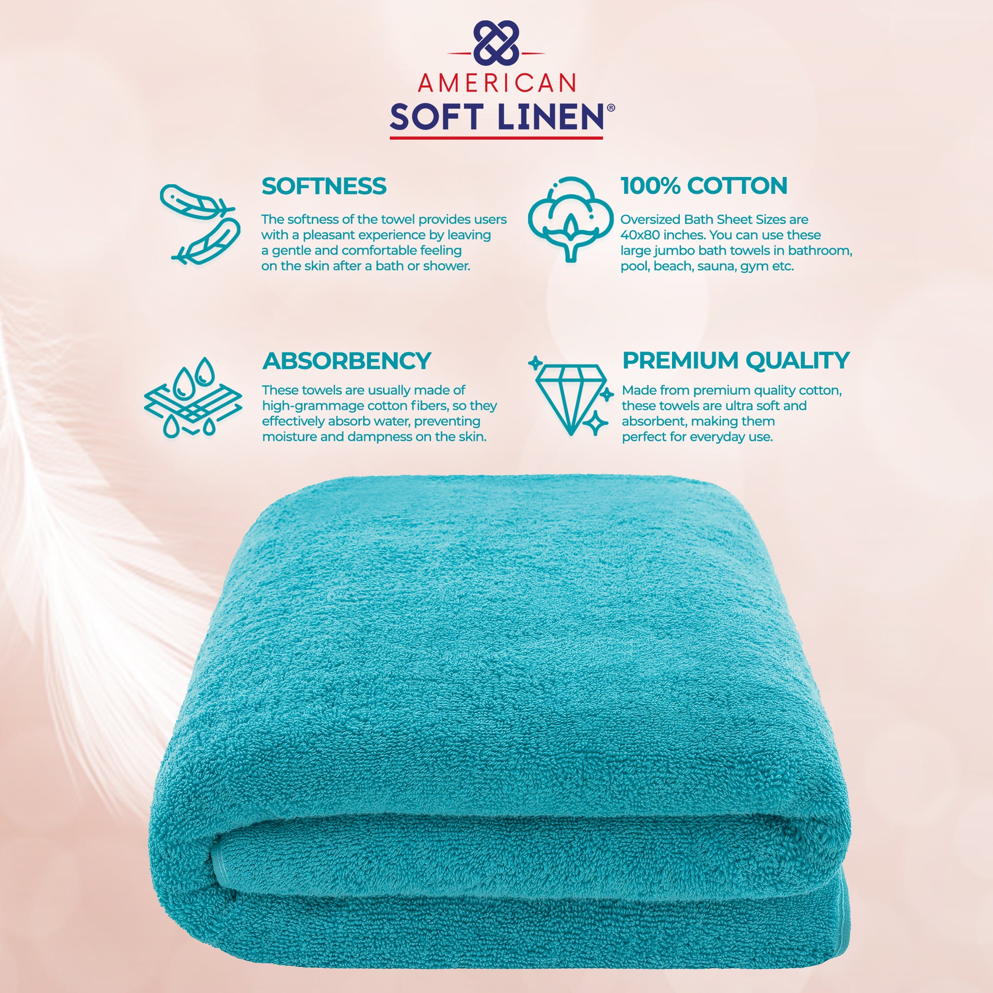 American Soft Linen 100% Ring Spun Cotton 40x80 Inches Oversized Bath Sheets aqua-blue-4