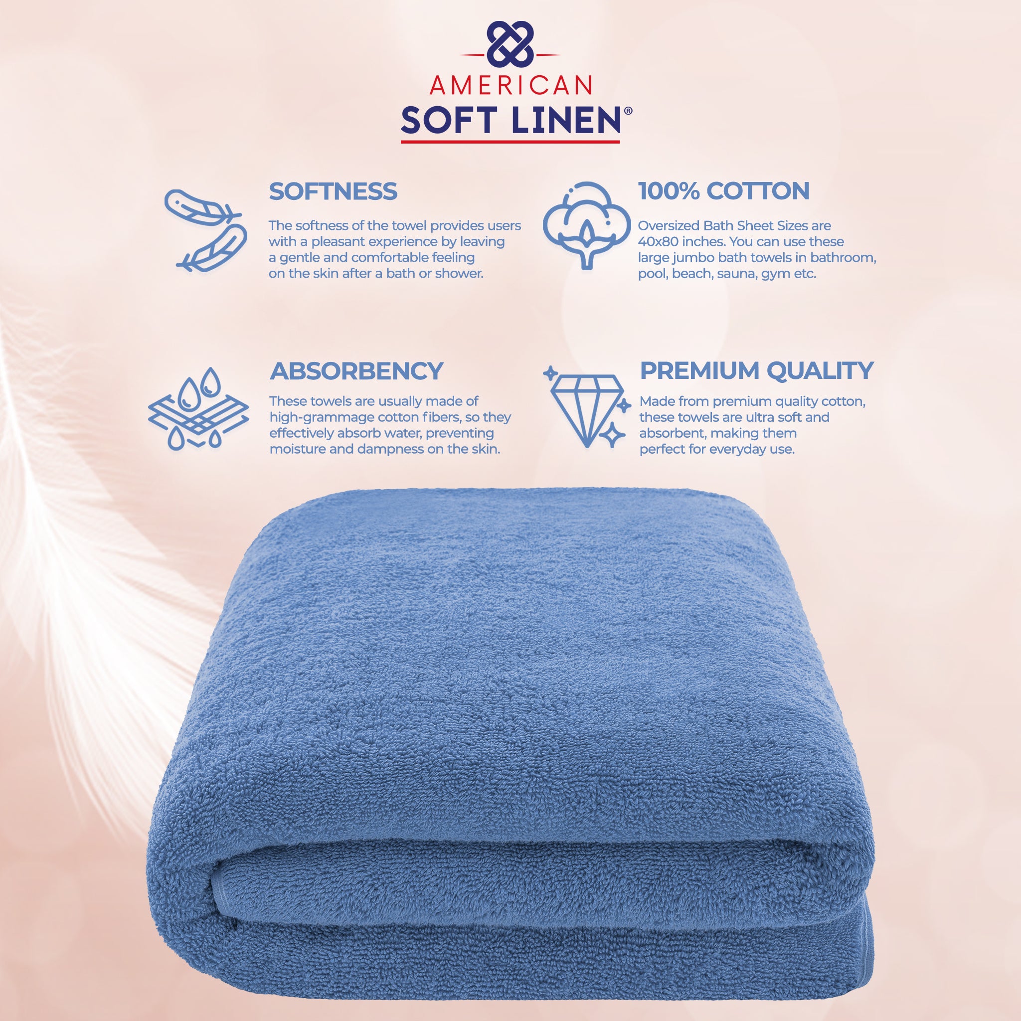 American Soft Linen 100% Ring Spun Cotton 40x80 Inches Oversized Bath Sheets electric-blue-4