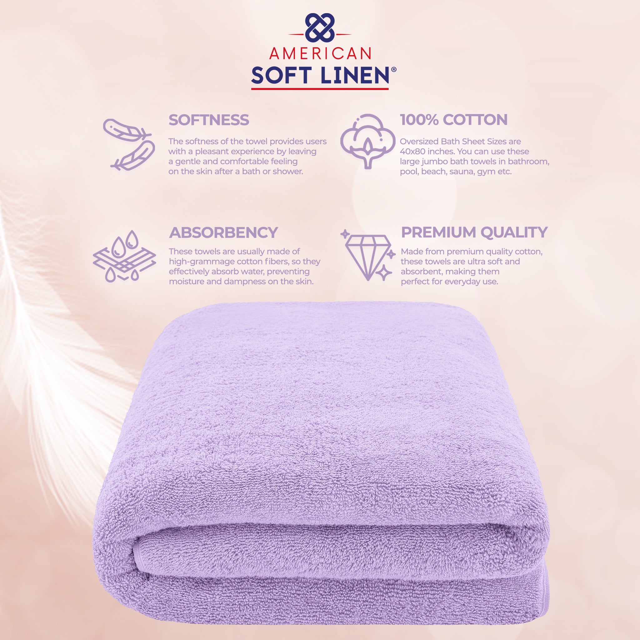 American Soft Linen 100% Ring Spun Cotton 40x80 Inches Oversized Bath Sheets lilac-4
