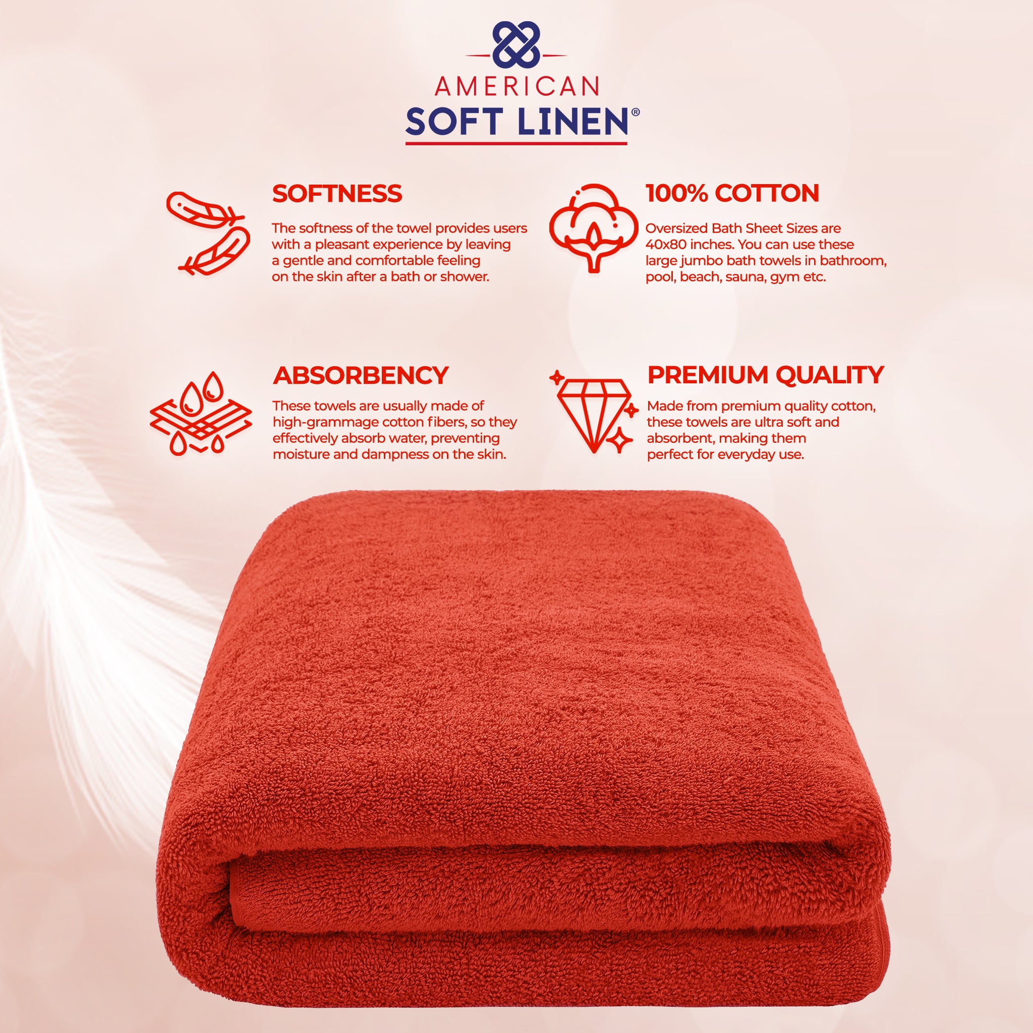 American Soft Linen 100% Ring Spun Cotton 40x80 Inches Oversized Bath Sheets red-4
