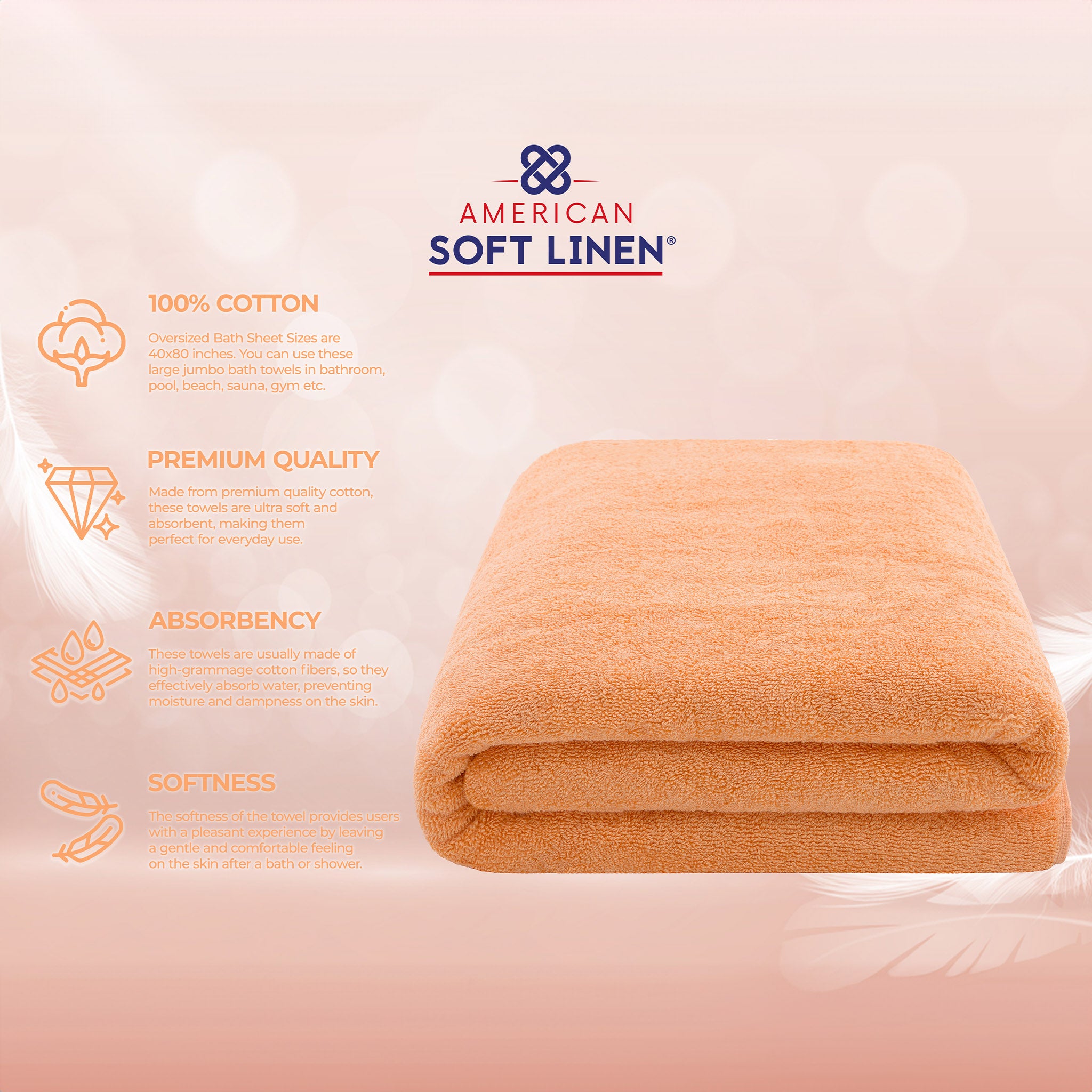 American Soft Linen 100% Ring Spun Cotton 40x80 Inches Oversized Bath Sheets malibu-peach-4