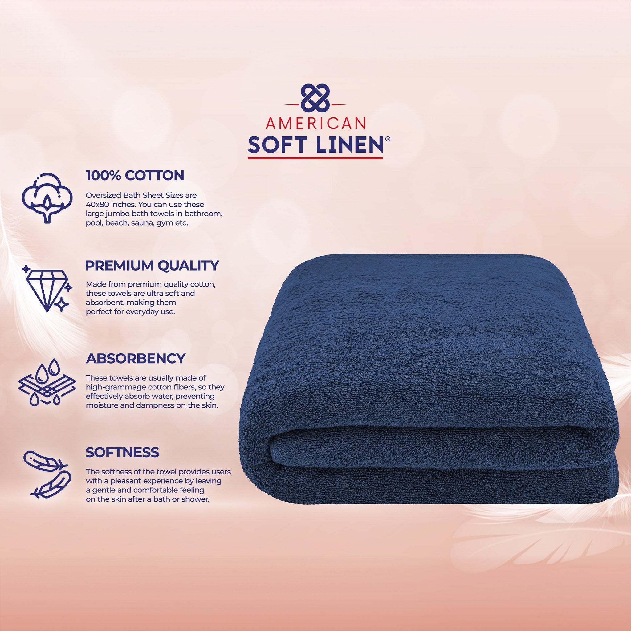 American Soft Linen 100% Ring Spun Cotton 40x80 Inches Oversized Bath Sheets navy-blue-4