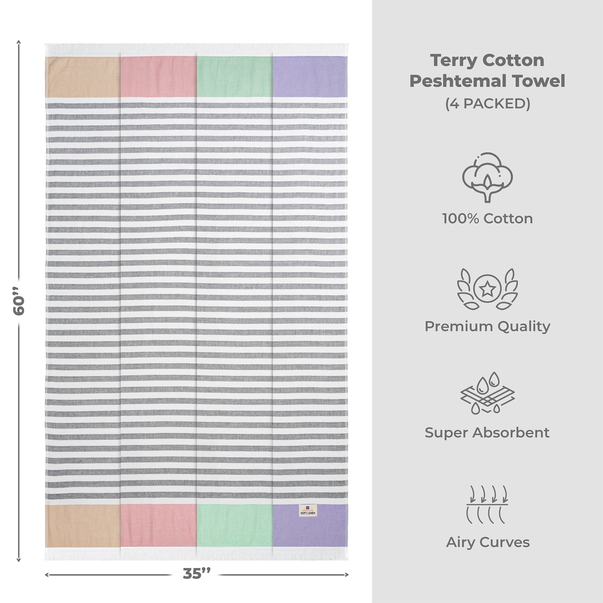 4 Packed Terry Peshtemal and Beach Towel, Mediterranean Collection, 35" x 60" - 11 Set Case Pack -mixed-color-3