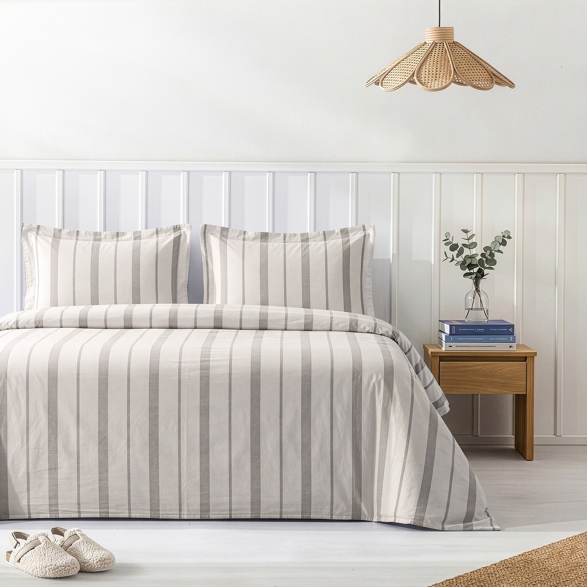 American Soft Linen 100% Washed Cotton Percale Duvet Cover Set – 200TC Yarn-Dyed Striped Bedding with 2 Pillow Shams