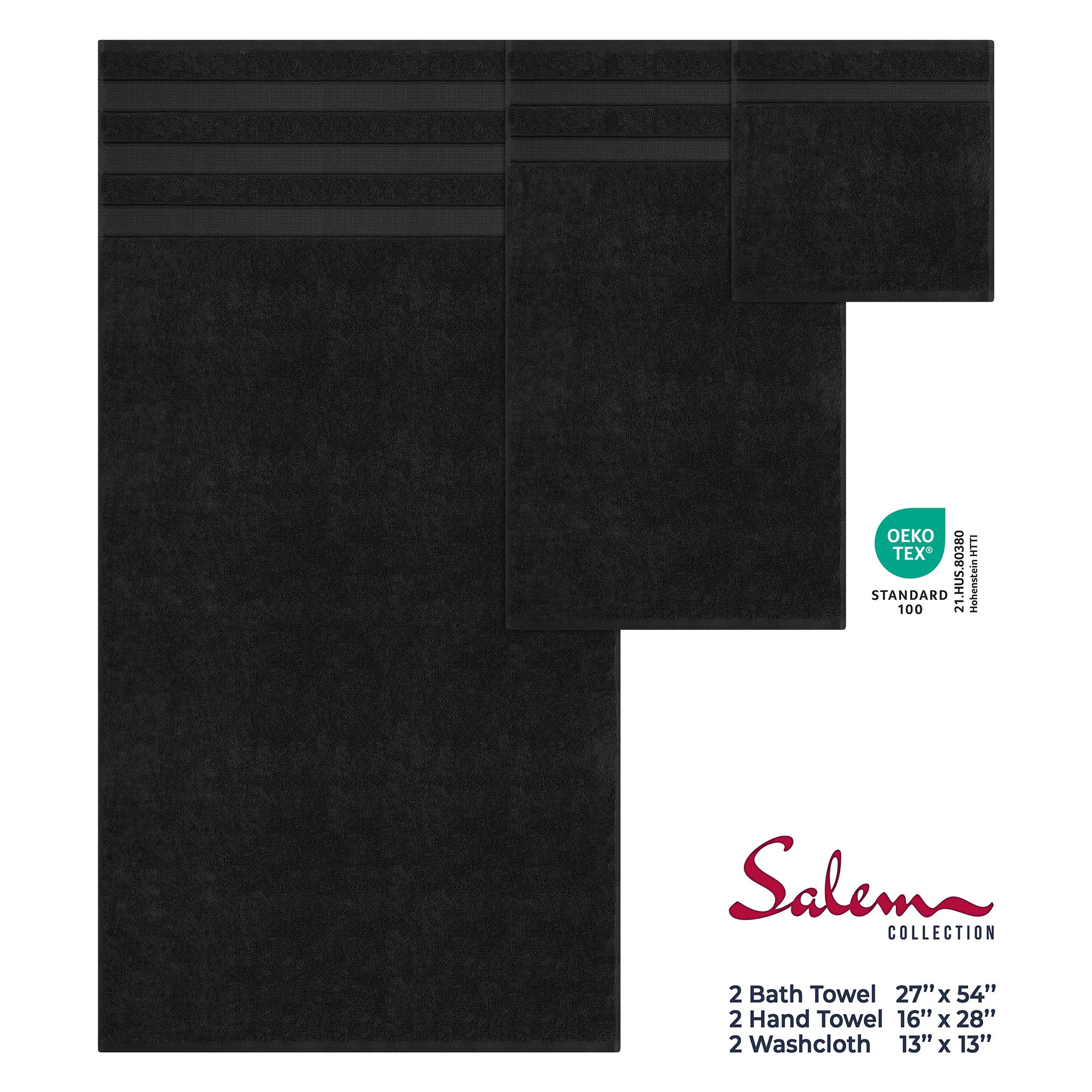Salem 6 Piece 100% Turkish Combed Cotton Luxury Bath Towel Set - black-4