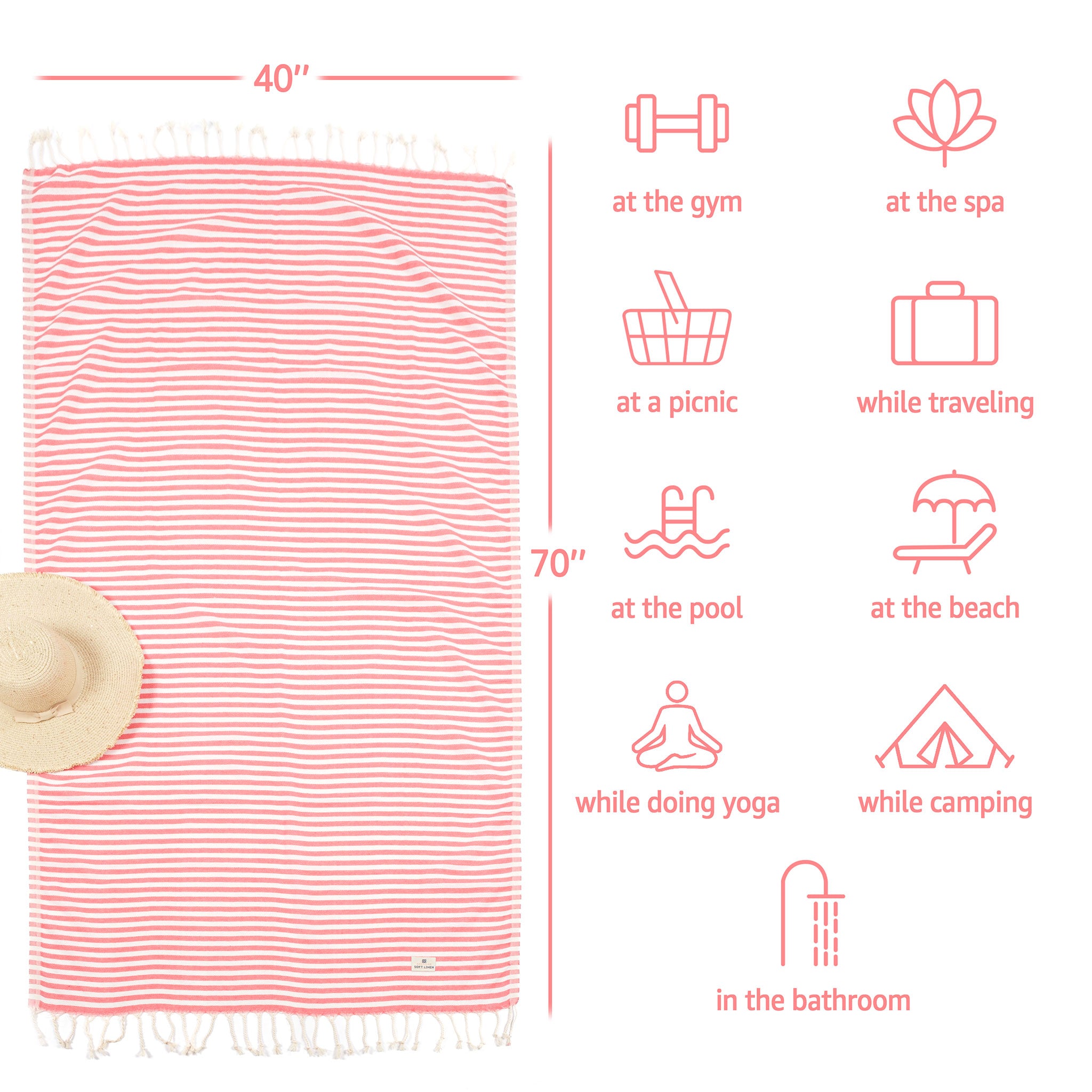 American Soft Linen - 100% Cotton Turkish Peshtemal Towels 40x70 Inches - Coral-Stripe - 4