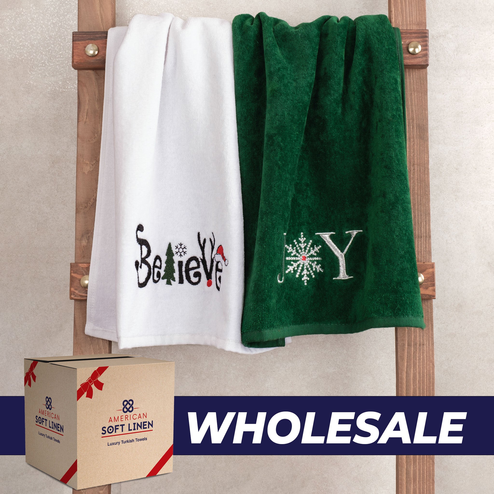 American Soft Linen - Christmas Towels 2 Packed Embroidered Towels for Decor Xmas - 60 Set Case Pack - Joy-Believe - 0