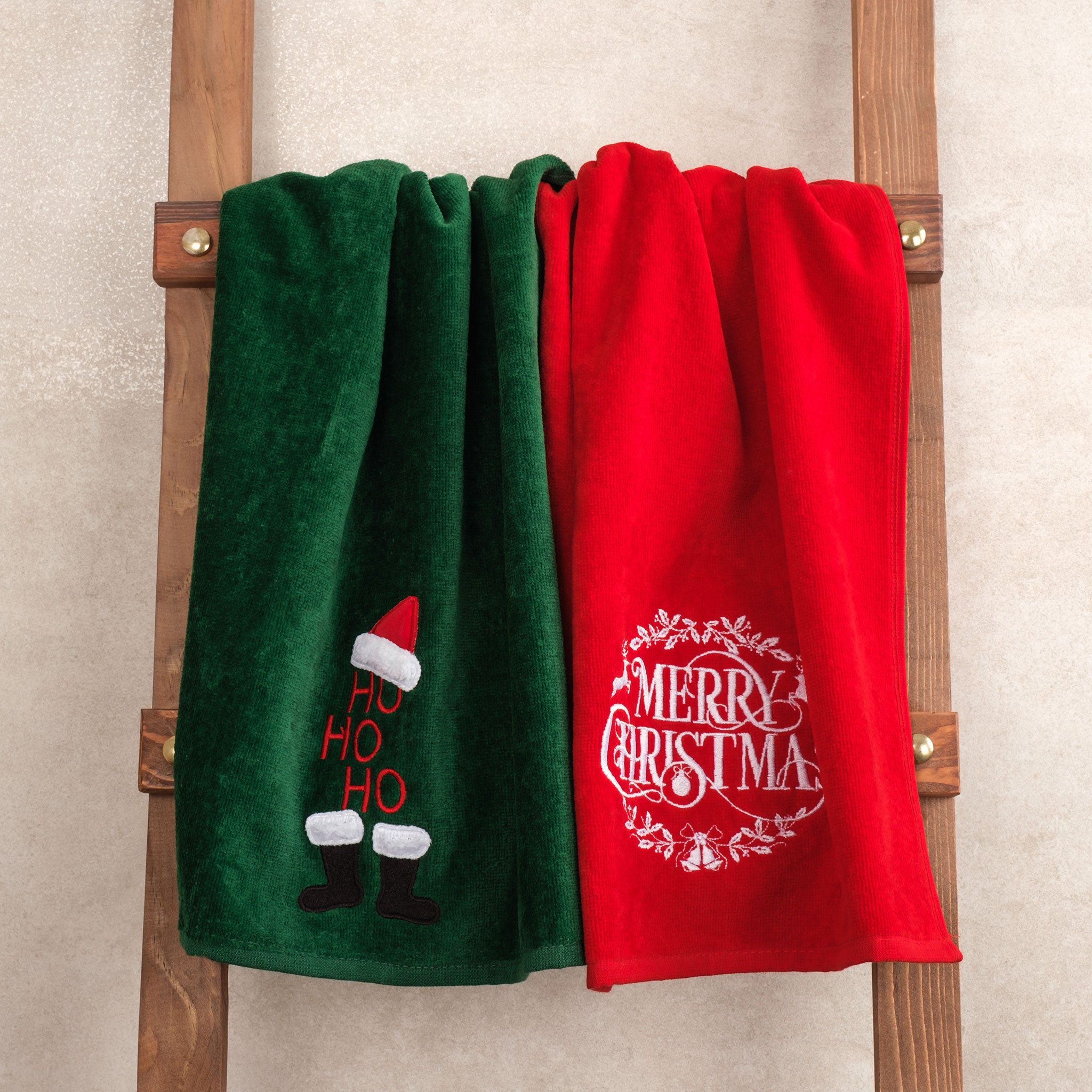 American Soft Linen - Christmas Towels 2  Packed Embroidered Towels for Decor Xmas - 60 Set Case Pack - Merry-Hoho - 1