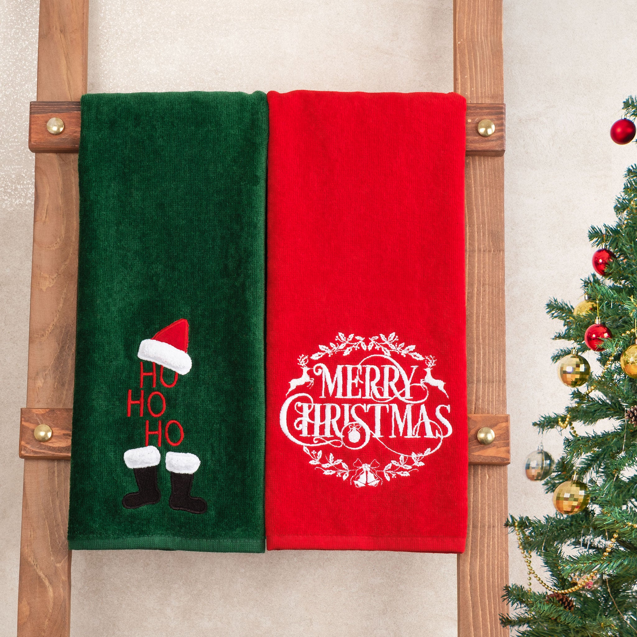American Soft Linen - Christmas Towels 2  Packed Embroidered Towels for Decor Xmas - 60 Set Case Pack - Merry-Hoho - 2