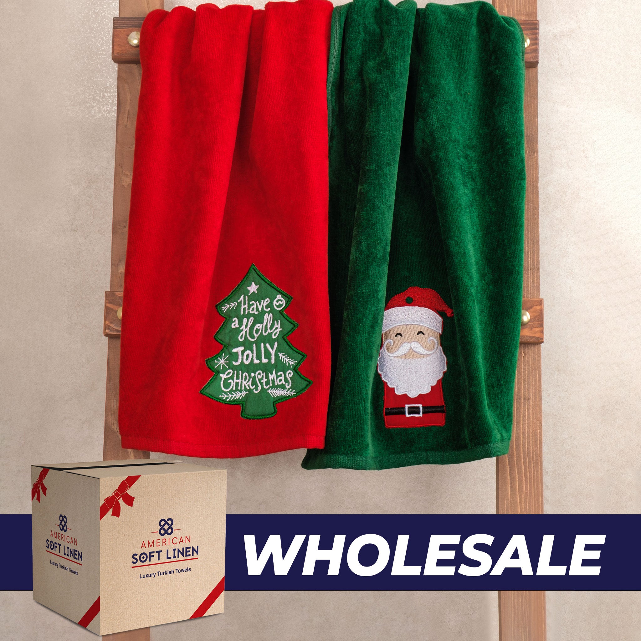 American Soft Linen - Christmas Towels 2 Packed Embroidered Towels for Decor Xmas - 60 Set Case Pack - Santa-tree - 0