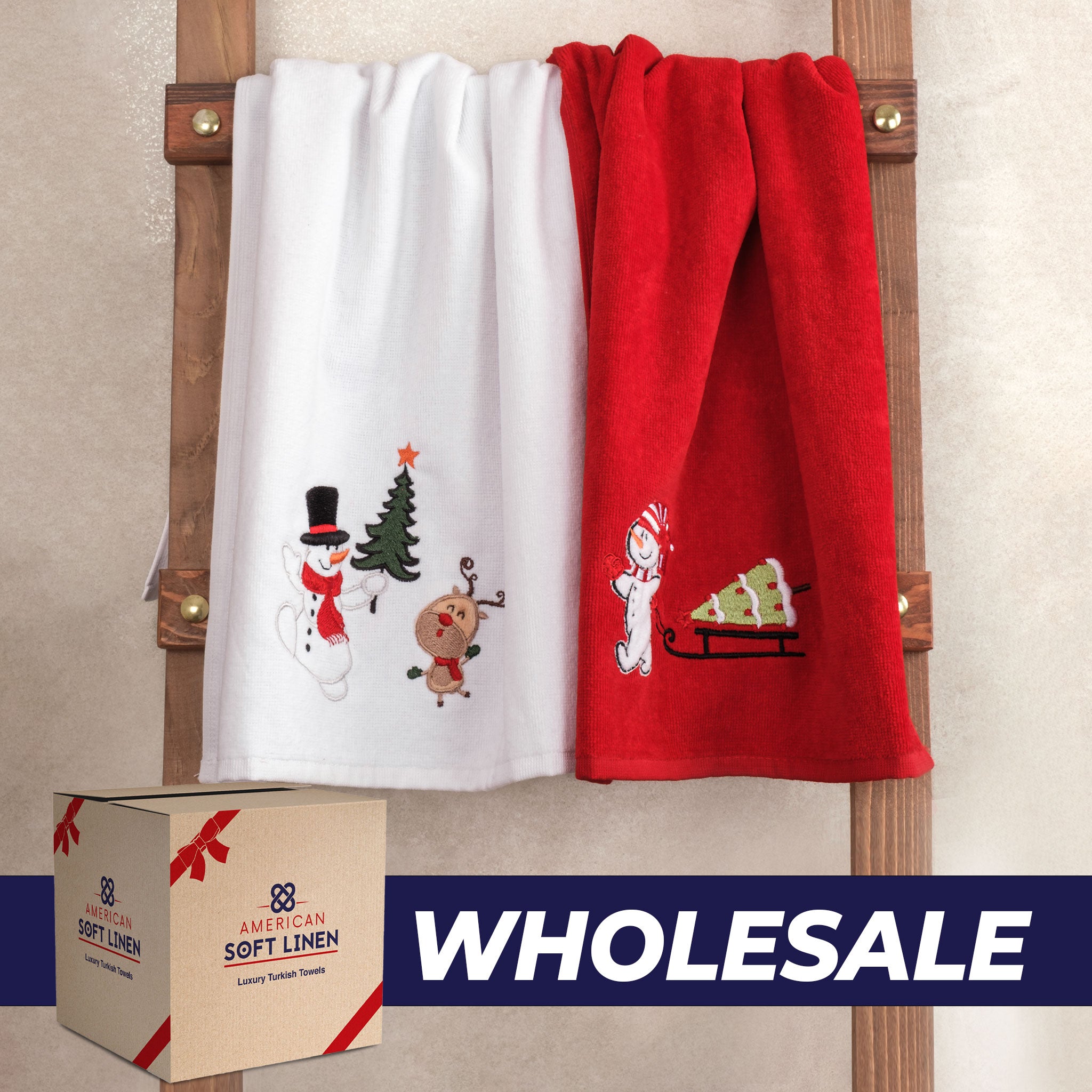 American Soft Linen - Christmas Towels 2  Packed Embroidered Towels for Decor Xmas - 60 Set Case Pack - Snowmen - 0