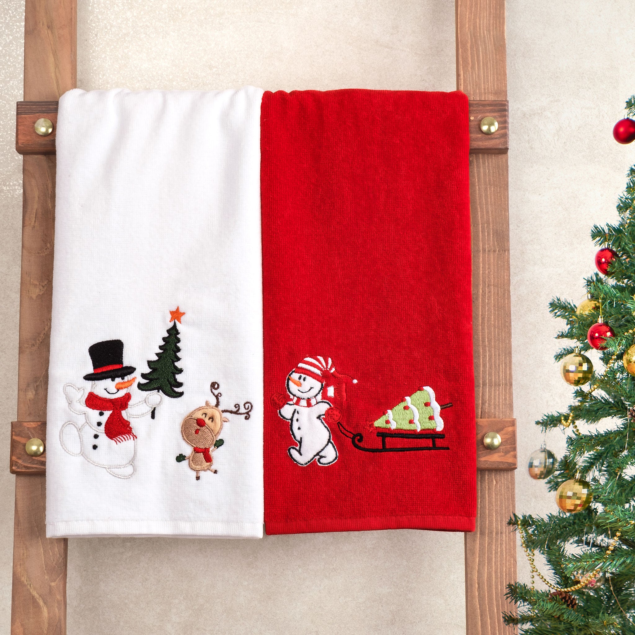 American Soft Linen - Christmas Towels 2  Packed Embroidered Towels for Decor Xmas - 60 Set Case Pack - Snowmen - 2